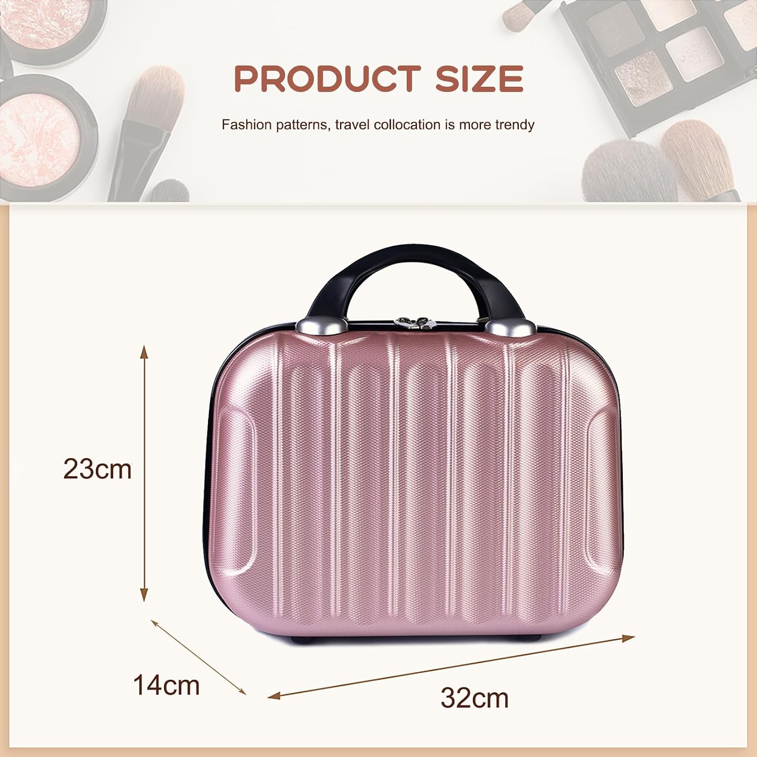 14inch Hard Shell Vanity Cases with Elastic Band and Zipper, 10L Portable Waterproof ABS Beauty Case, Cosmetic Case for Women Girl