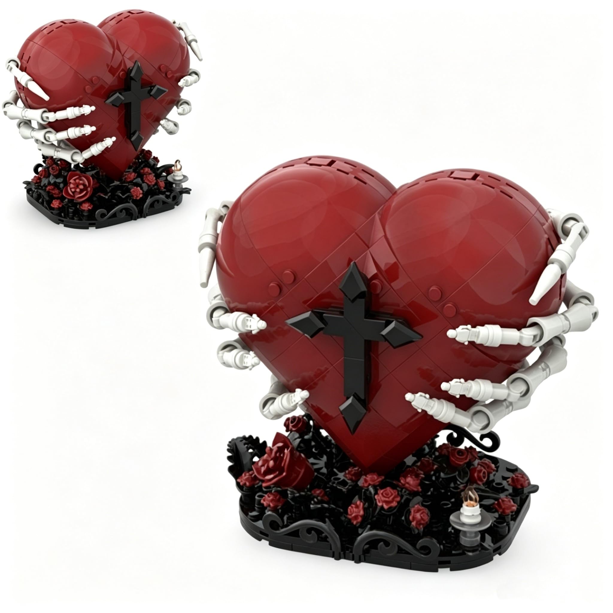 PlaySynthe Skeleton Heart Building Block Set, 562 PCS Skull Dark Heart Building Kit with Flower Base, Gothic Love Life Inspired Collectible Bricks Model, Anatomical Art Bricks Toy Gift for Adults