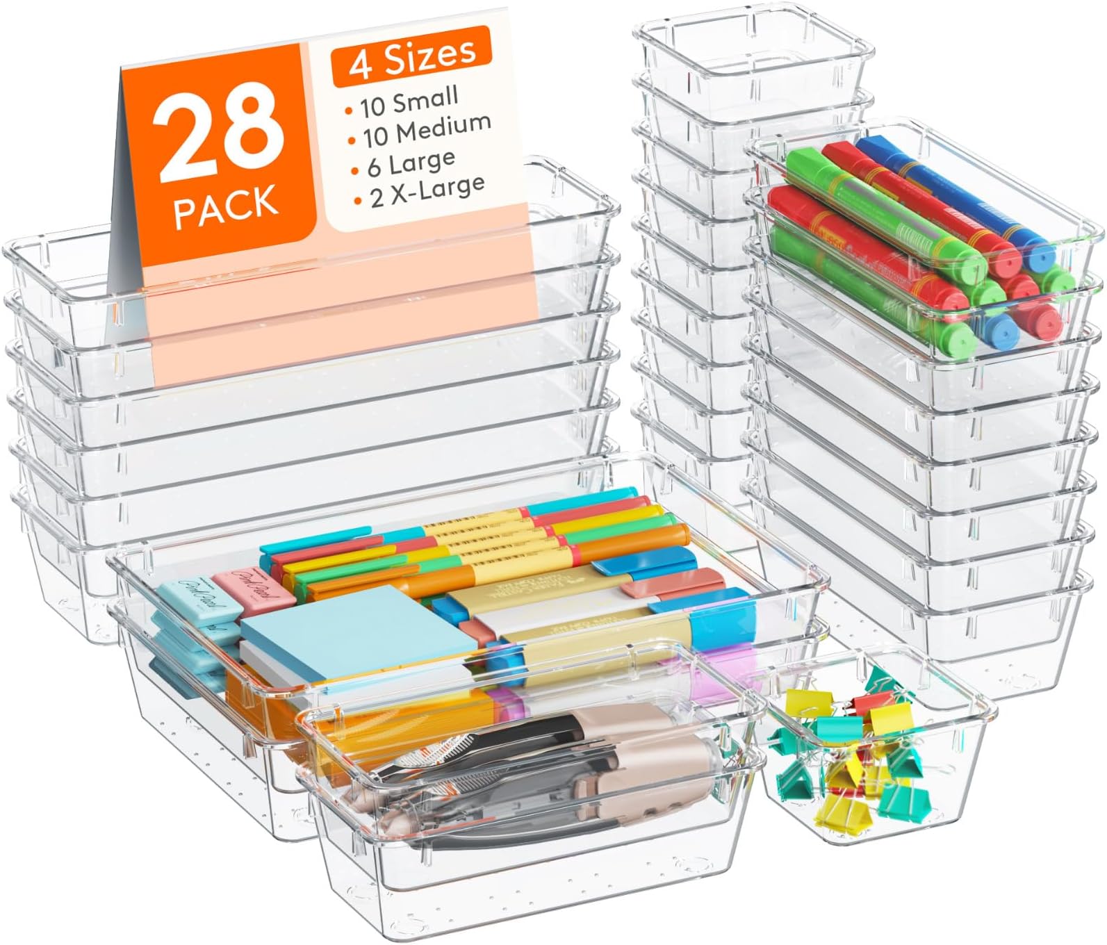 Lifewit Drawer Organizer 28PCS, 4 Sizes Clear Plastic Desk Drawer Dividers, Storage Separation Bins for Make Up, Kitchen Utensils, Vanity Accessories in Office/Bathroom/Bedroom Organization
