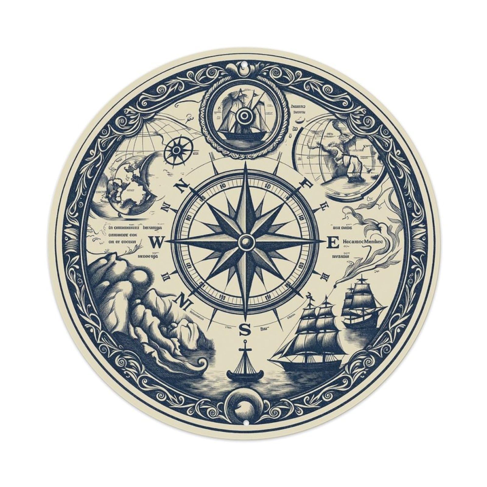 Vintage Nautical Compass World Map Wharf Chronicle Metal Tin Sign
