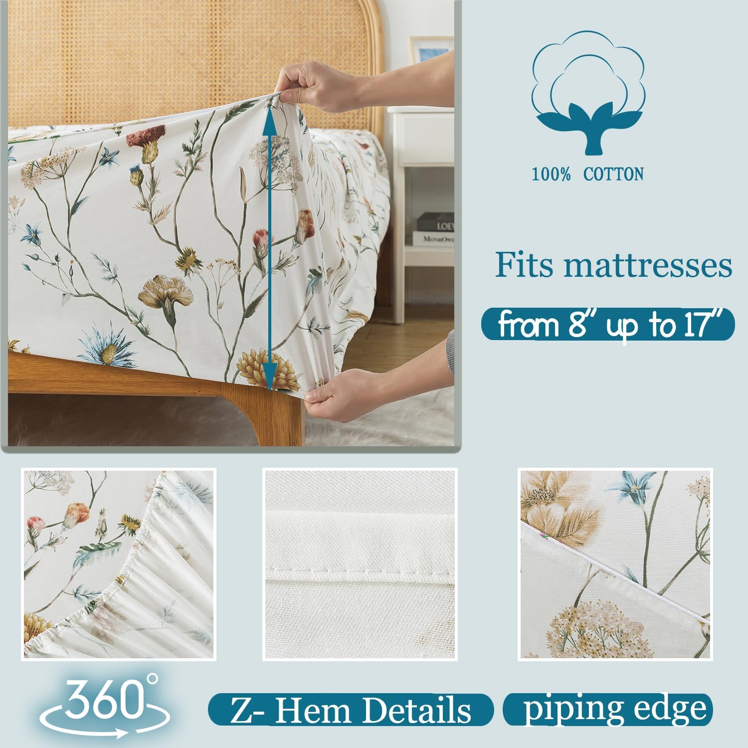 Zusbest Floral Bed Sheets Queen Size 100% Percale Cotton Thistle Flower Pattern Taupe Sheet Set Vintage Wildflower Printed Brown Beige Bedding Breathable Crisp Deep Pocket Sheets 17.5'', 4 Pcs