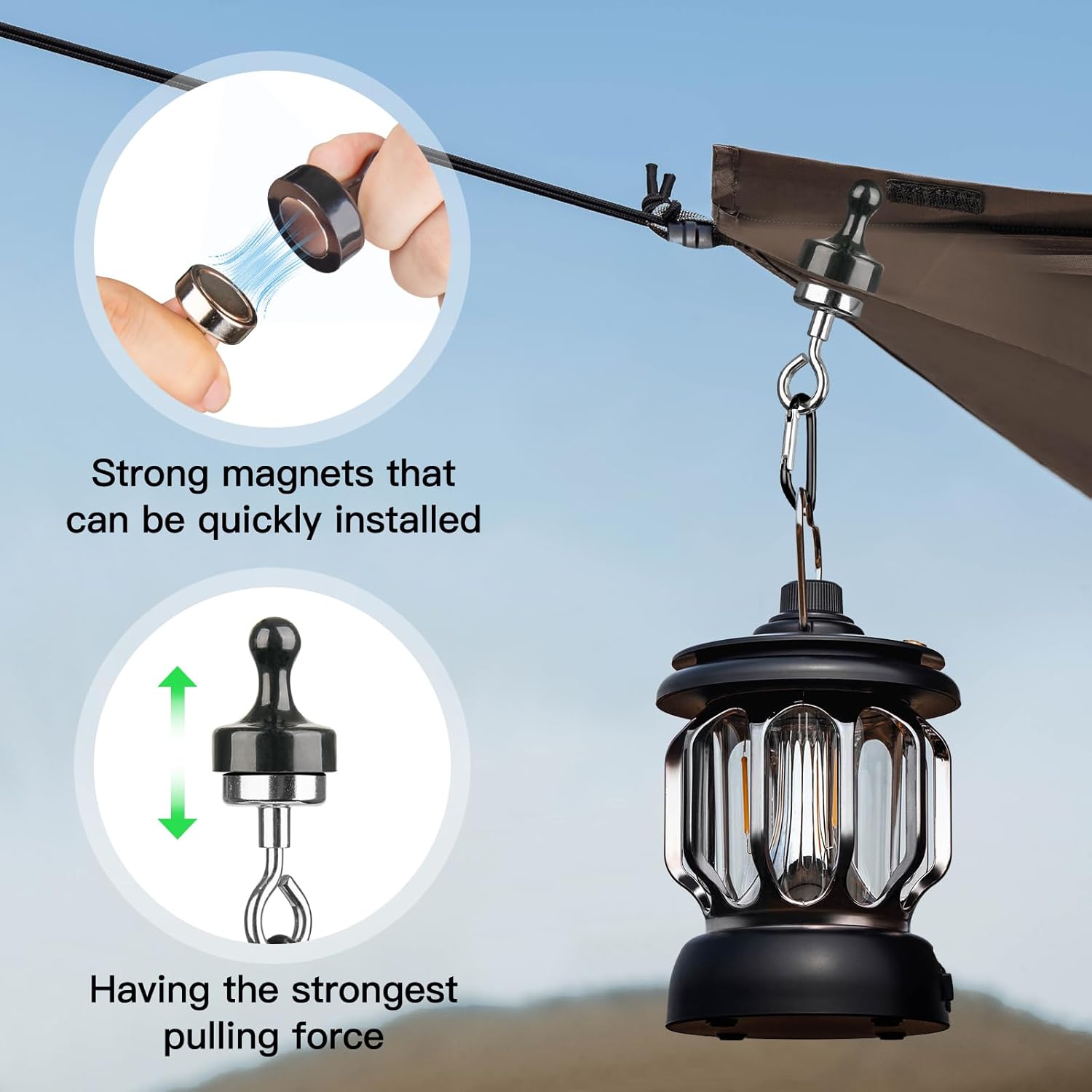 Magnetic Hooks for Canopy for Camping Trip, 4 Pack Skylight Tent Fixer Hook with 2 Pack Large Size Buckle，Heavy Duty Earth Magnets,Suitable Tents Swivel Snap (Large & Black)