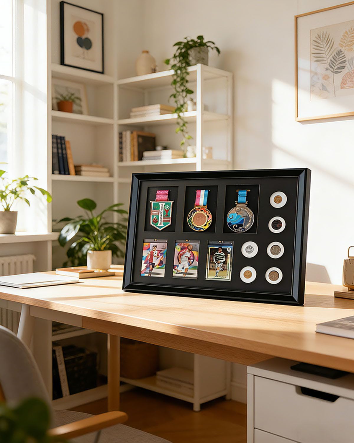 Sports Card Display Case,Medal Display Frame,Coin Display Case,Baseball Card Display Case,3-in-1 Multifunctional Solid Wood Frame,UV-Resistant Glass,Suitable for 3 Sports Cards,3 Medals and 6 Coins.