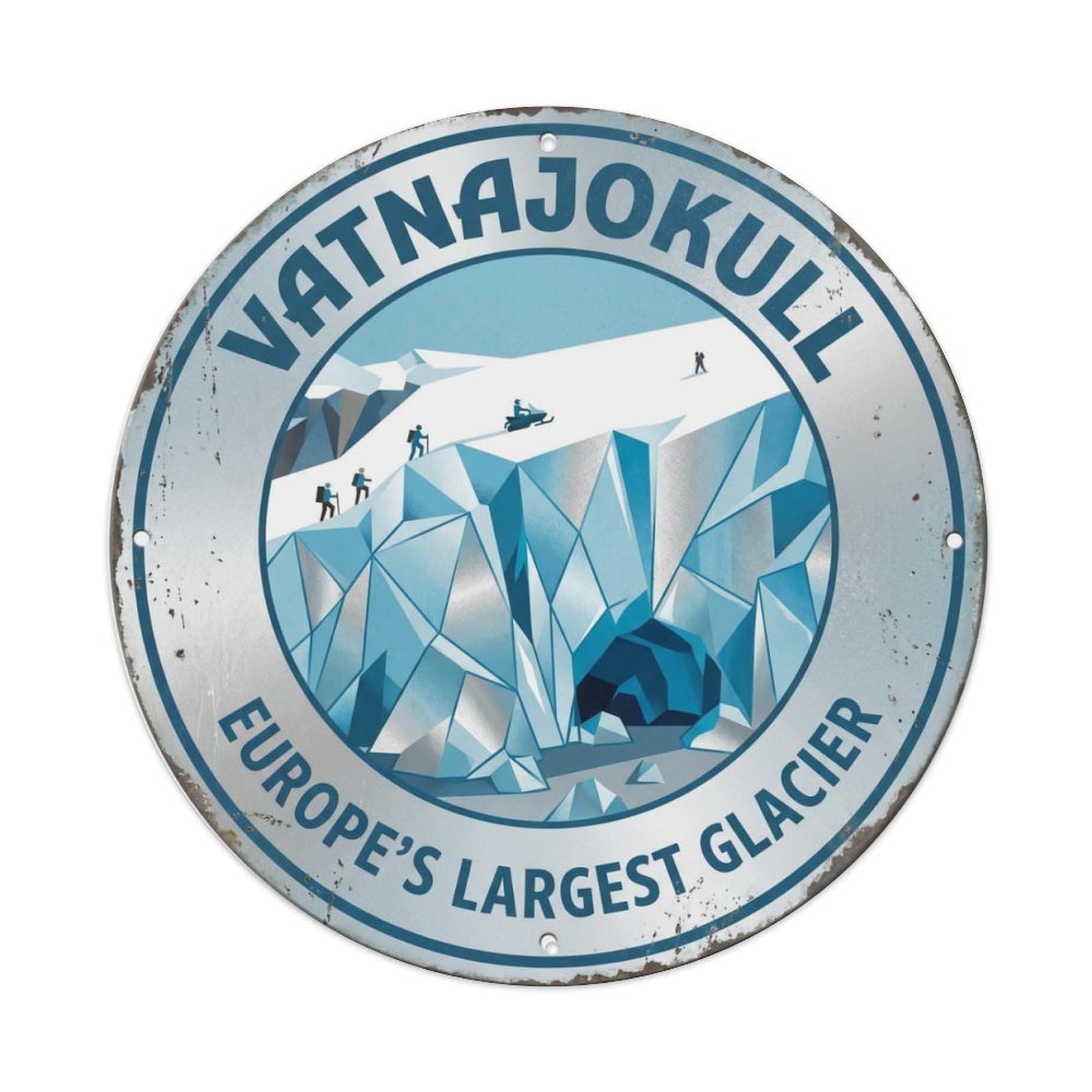 Vintage Travel Vatnajokull Iceland Glacier Metal Tin Sign Plaque Wall Decor for Cafe, Club, Garden Round Metal Poster 8x8Inch