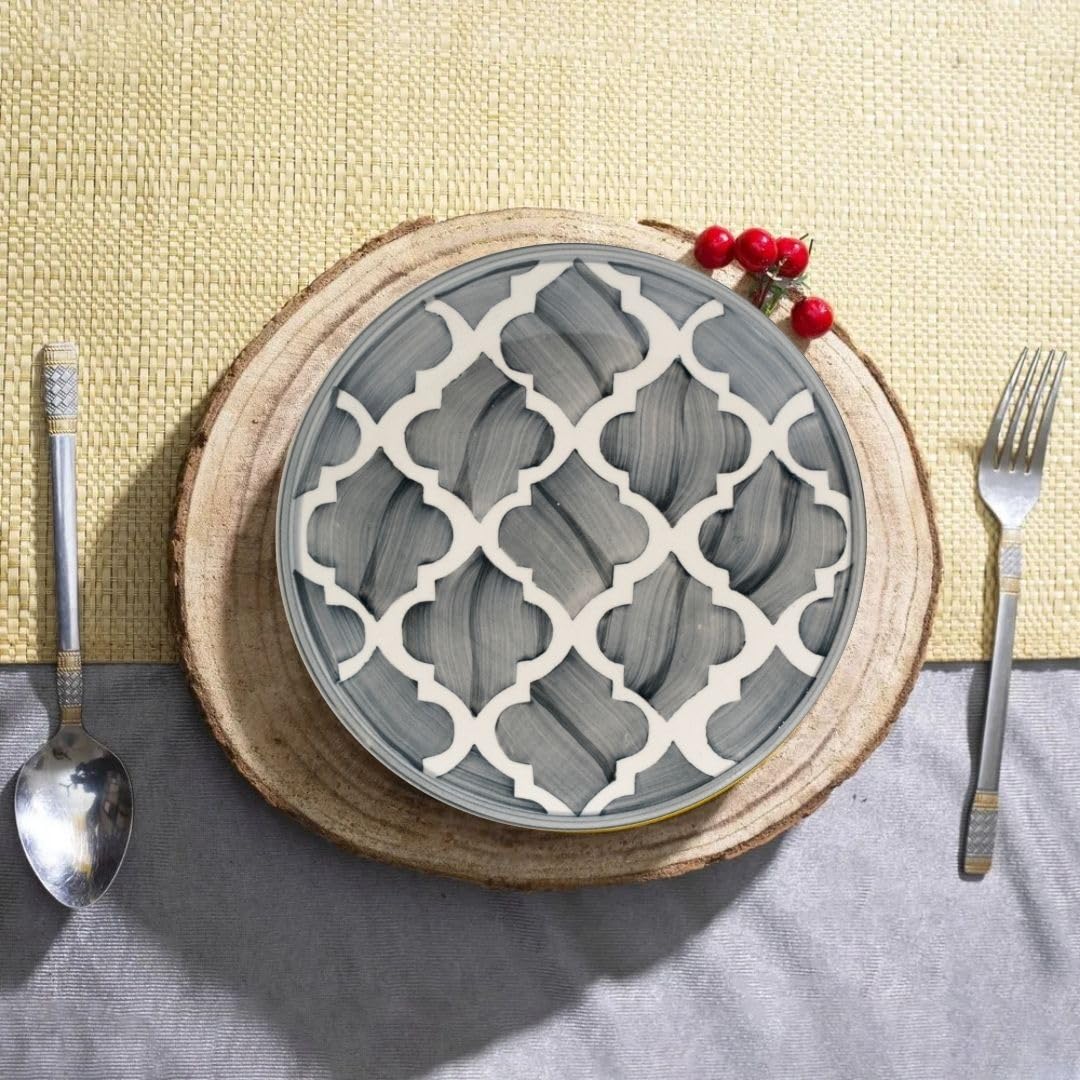 aDai Premium Moroccan Ceramic Quarter Side Plates for Snacks & Gifting, Microwave & Dishwasher Safe | Perfect for Pasta, Breakfast, Lunch, Dinner for Home, Kitchen or Café (Set of 1, 8.07 Inch, Grey) 4