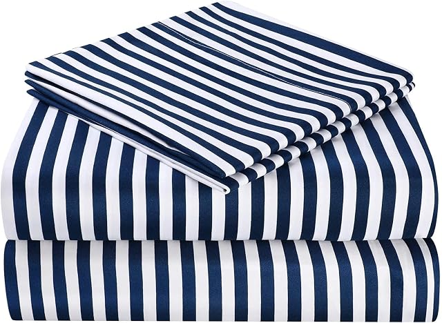 HOMEIDEAS Double Sheets Set, Navy Pinstripe Bed Sheets Extra Soft Sheets Brushed Microfiber Fabric Sheets, Wrinkle & Fade Free - Flat Sheet, Fitted Sheet with 2 Pillowcases(4 Pieces)