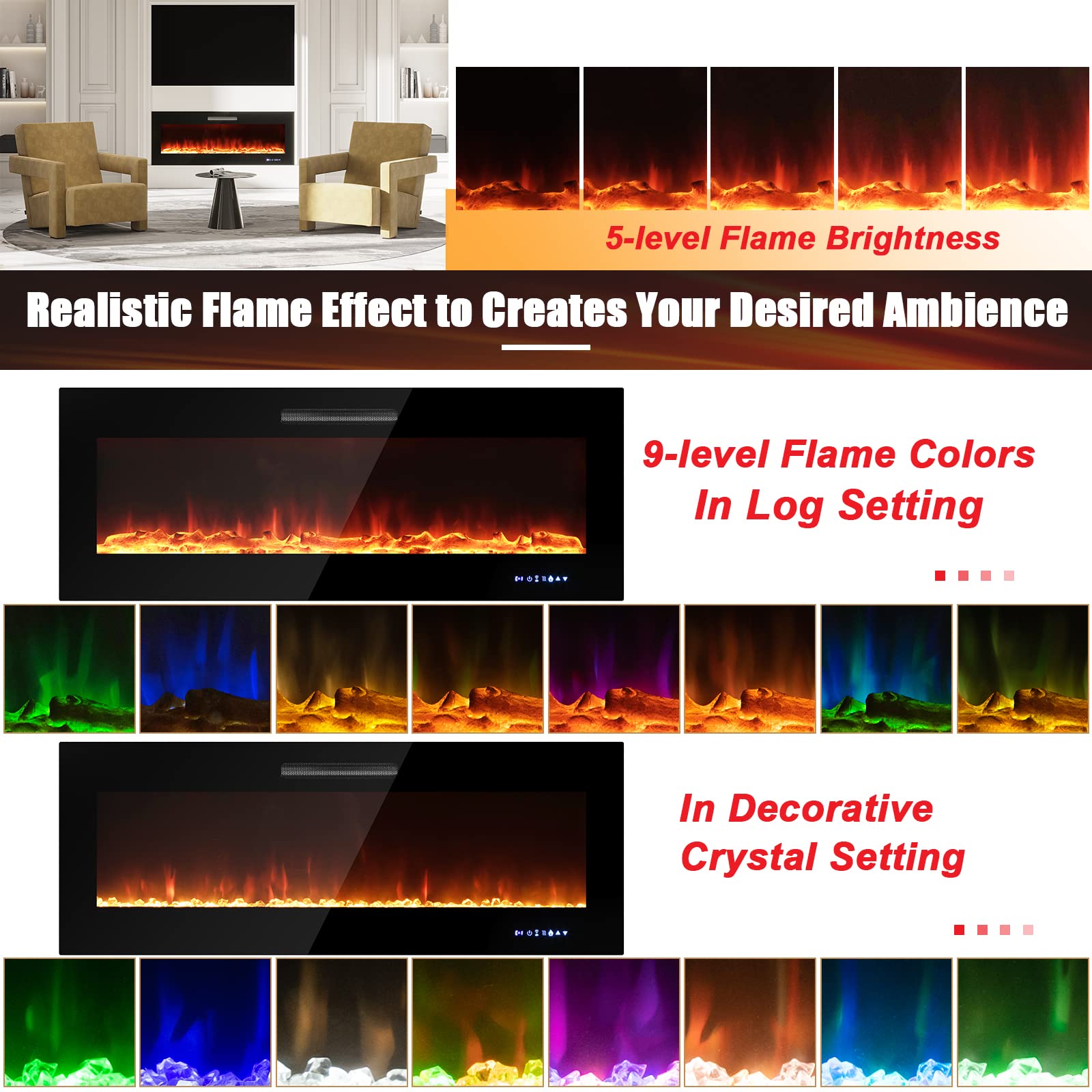Tangkula 50 Inches Electric Fireplace Insert, Recessed and Wall Mounted 5,000 BTU Electric Fire Place,with 2 Heat Settings, 0.5-12H Timer, Dual Control, 9 Flame Colors & 5 Flame Brightness