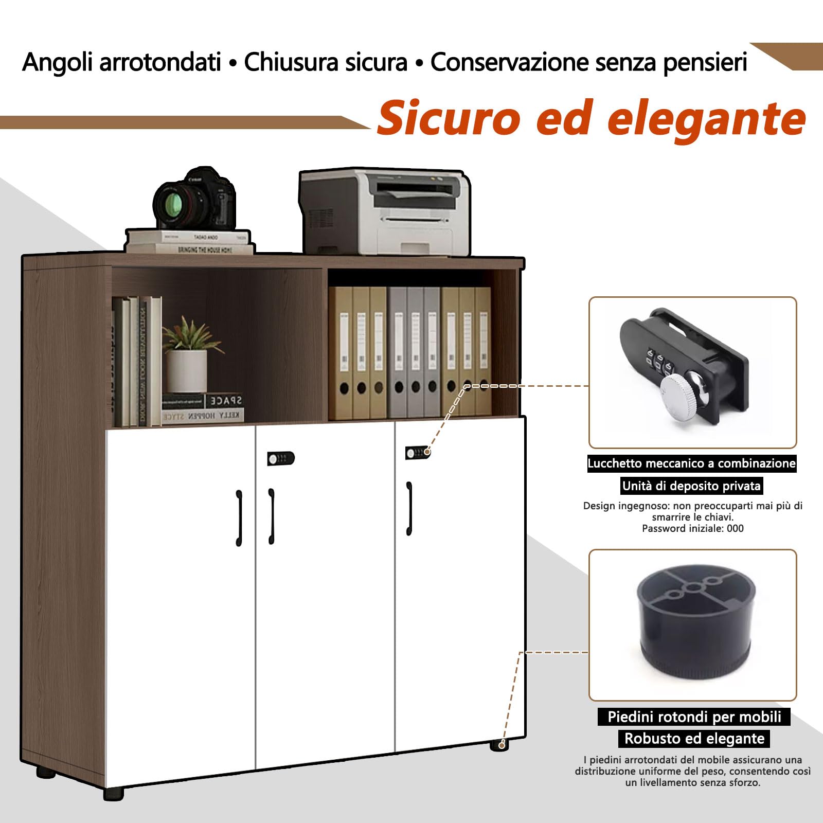 Schedario da Ufficio in Legno con Serratura, Cassettiera Ufficio con 3 Cassetti e Anta, Mobile per Documenti A4 e Letter, Portadocumenti con Ripiani Aperti e Supporto Stampante