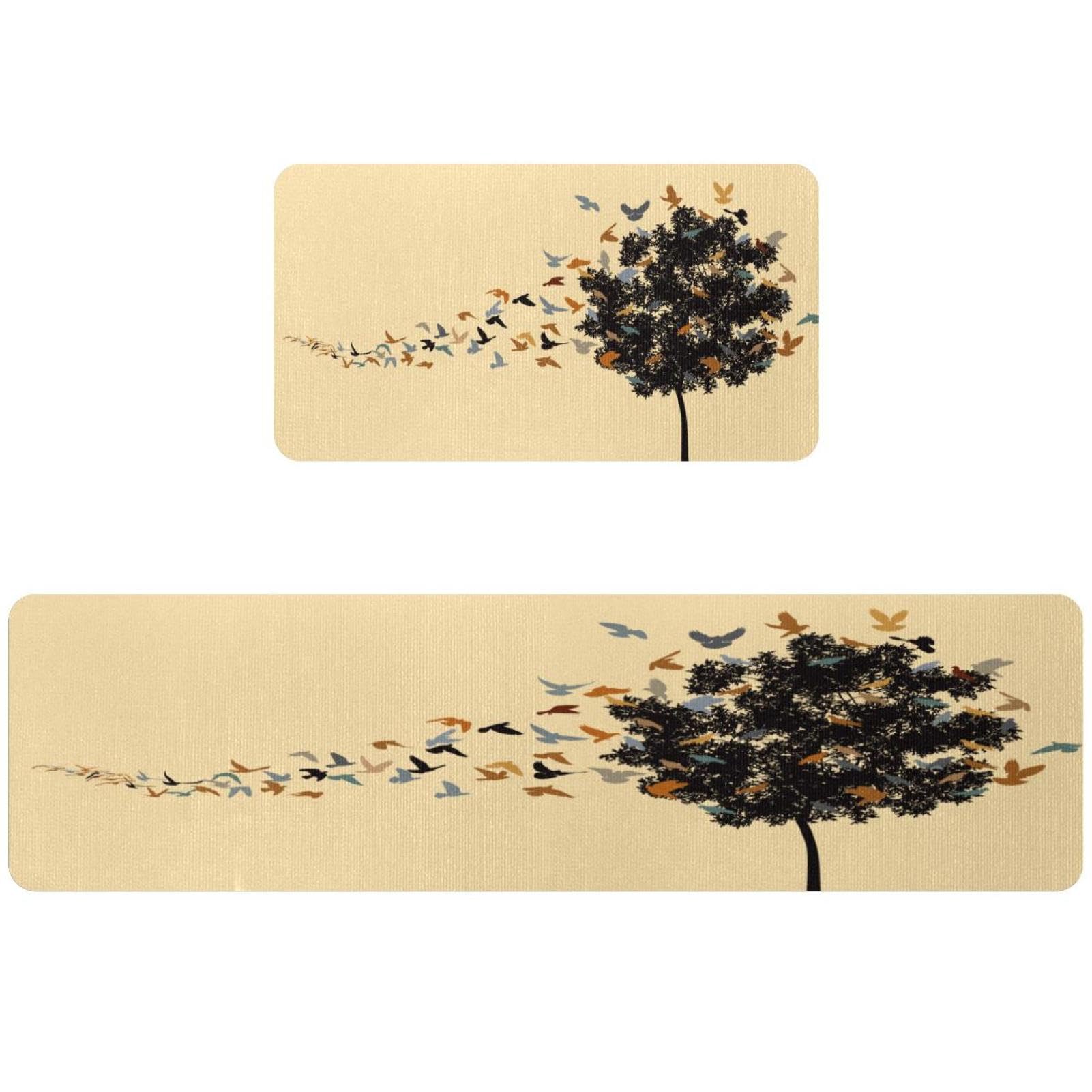 Lot de 2 tapis de cuisine de qualité supérieure motif arbres et oiseaux pour sols délicats