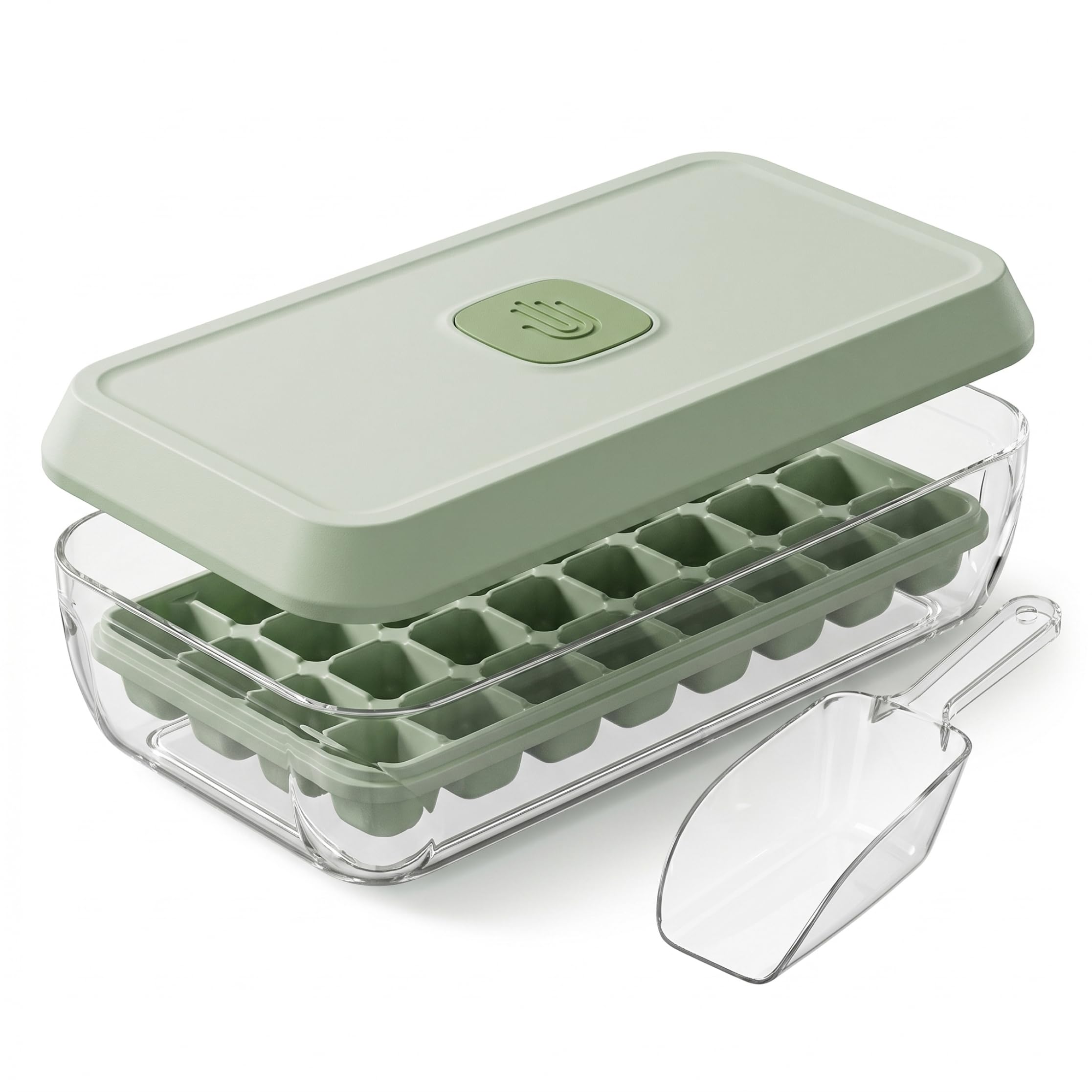 Xoeryoy Ice Cube Tray with Lid and Bin, Push-to-Release Ice Molds, Reusable Small Frozen Cube Maker for Drinks, Green