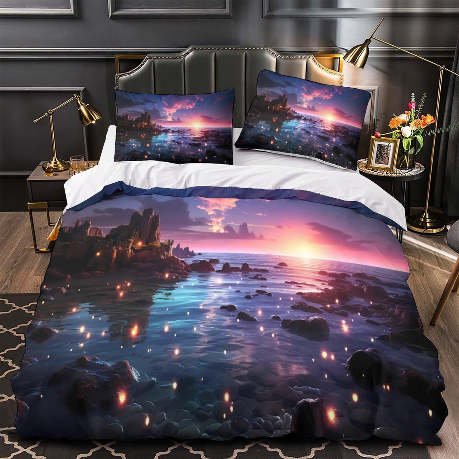 MMDASBVPE Sunset Beach Scene Comforter Cover 3D Print Super Soft 3-Piece Bed Set Hidden Zipper Duvet Cover Hotel Quality Hypoallergenic for Adults Women Kids Girls Boys Single（140x200cm）
