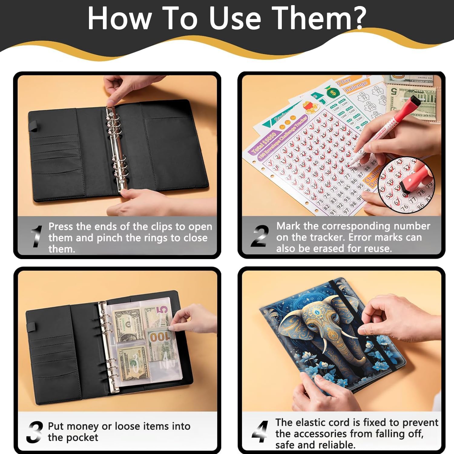 100 Envelopes Money Saving Challenge, A5 Budget Binder with Cash Envelopes & 3 Budgeting Planner Trackers to Save $5,050 Money ，Savings Challenge Book for Organizer, Floral Elephant Art