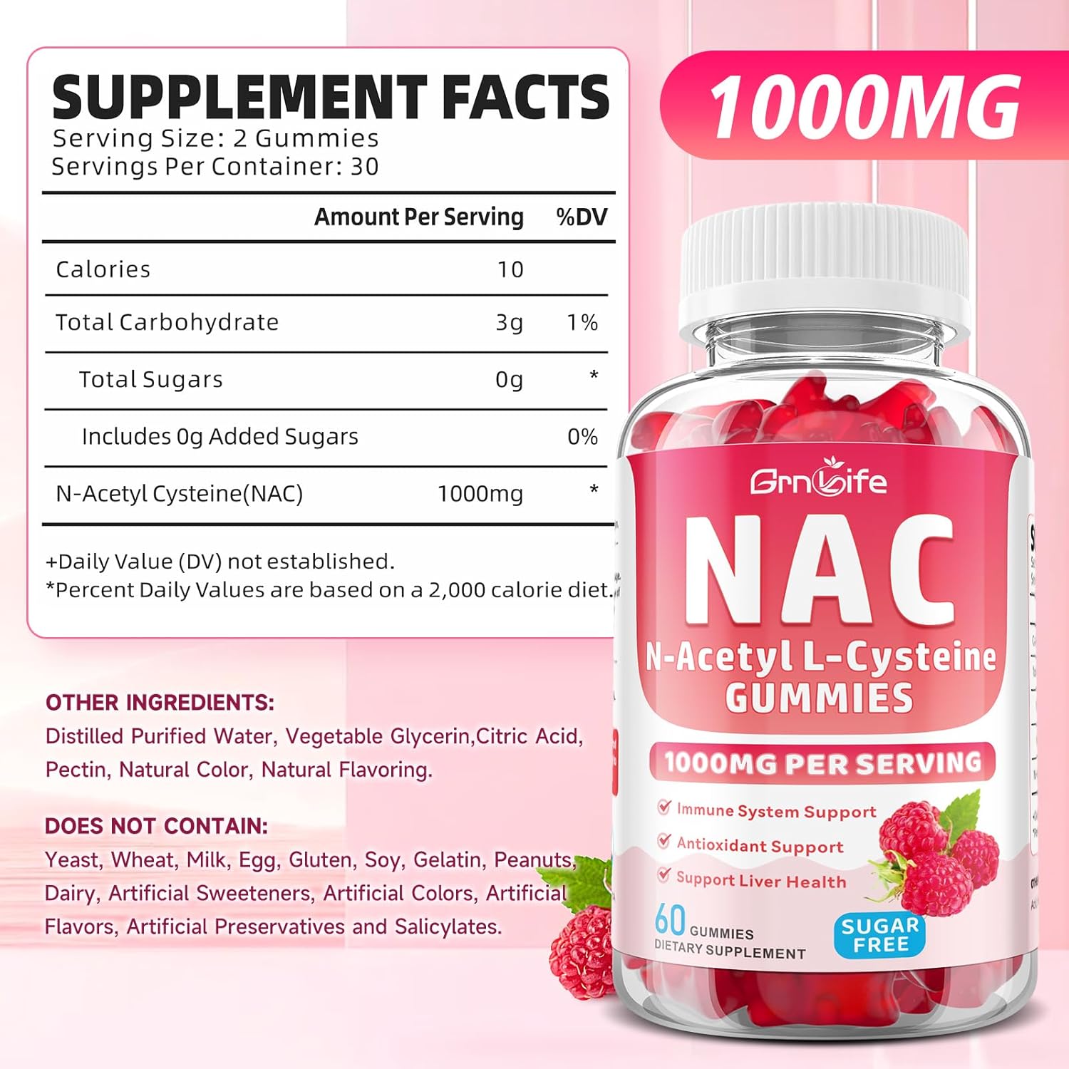 NAC Gummies for Kids & Adults, 1000mg N Acetyl Cysteine Supplement NAC Chewable for Antioxidants & Immune Support, Liver Health, Raspberry Flavor, 60 Count - Image 2