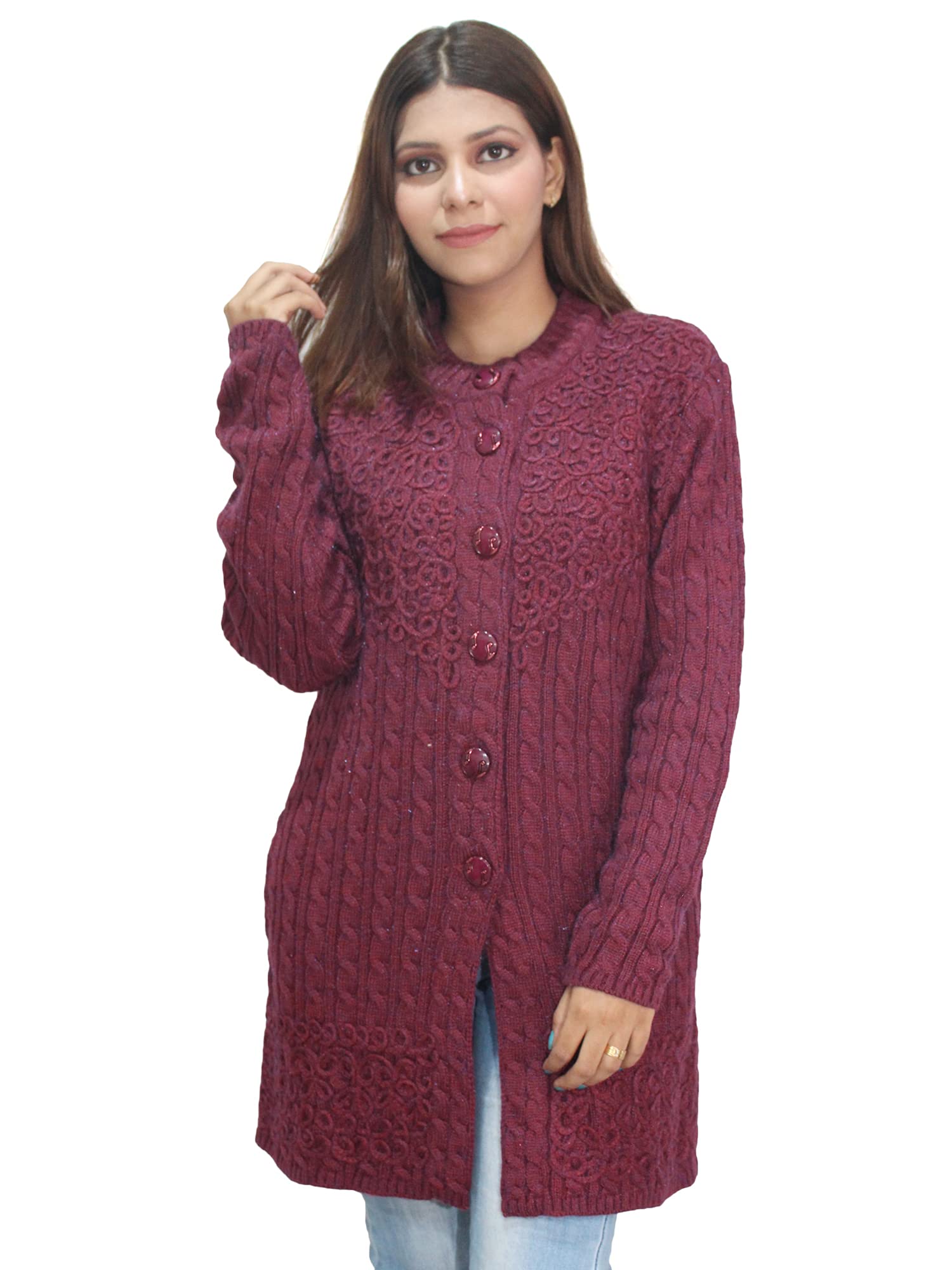 Women's Woollen Embroidered Long Cardigan Sweater (Ad04Sa01_Peach)-image-30