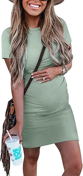 Peauty Maternity Ribbed Crew Neck Bodycon Dress Short Sleeve Baby Shower Dress Casual Lounge Pregnancy Dress