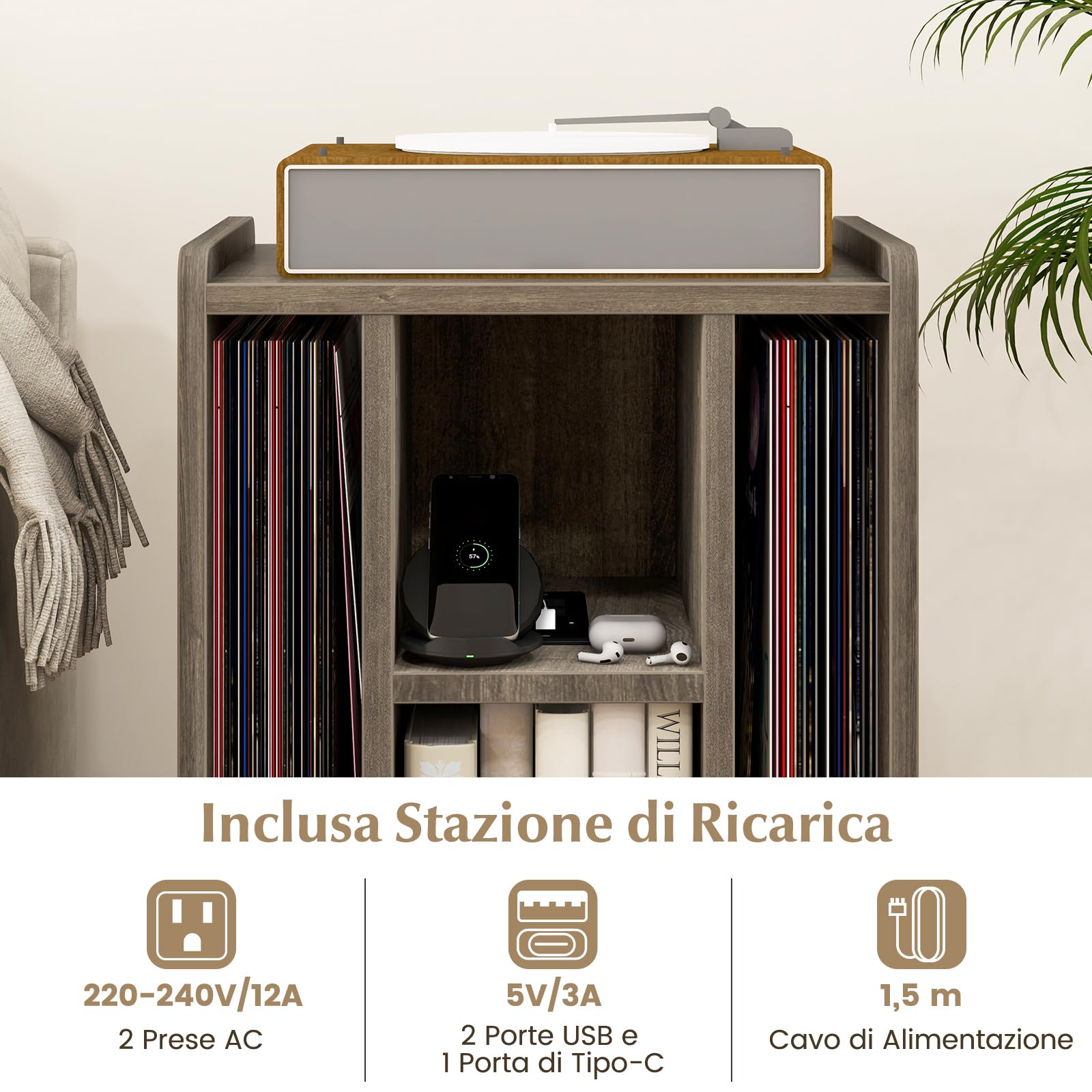 RELAX4LIFE Supporto per Giradischi con Stazione di Ricarica, Porta Vinili con 4 Scomparti Aperti, Espositore per Dischi, Carico Max 90kg per Ufficio, Studio, Camera da Letto