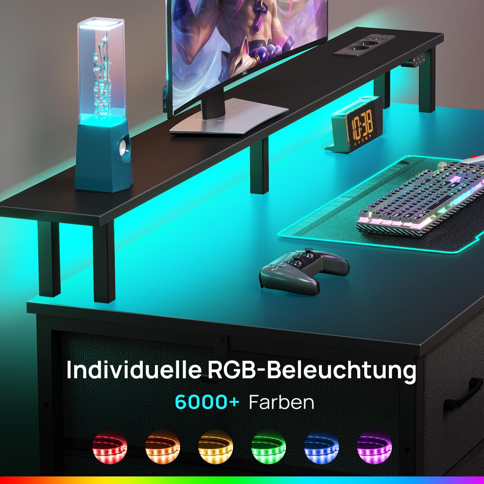 Rolanstar Schreibtisch mit 5 Schubladen, Computertisch mit Steckdosen, Gaming Tisch mit LED-Beleuchtung, Monitorständer, für Homeoffice, Schlafzimmer, Wohnzimmer, Büro (Schwarz, 140)