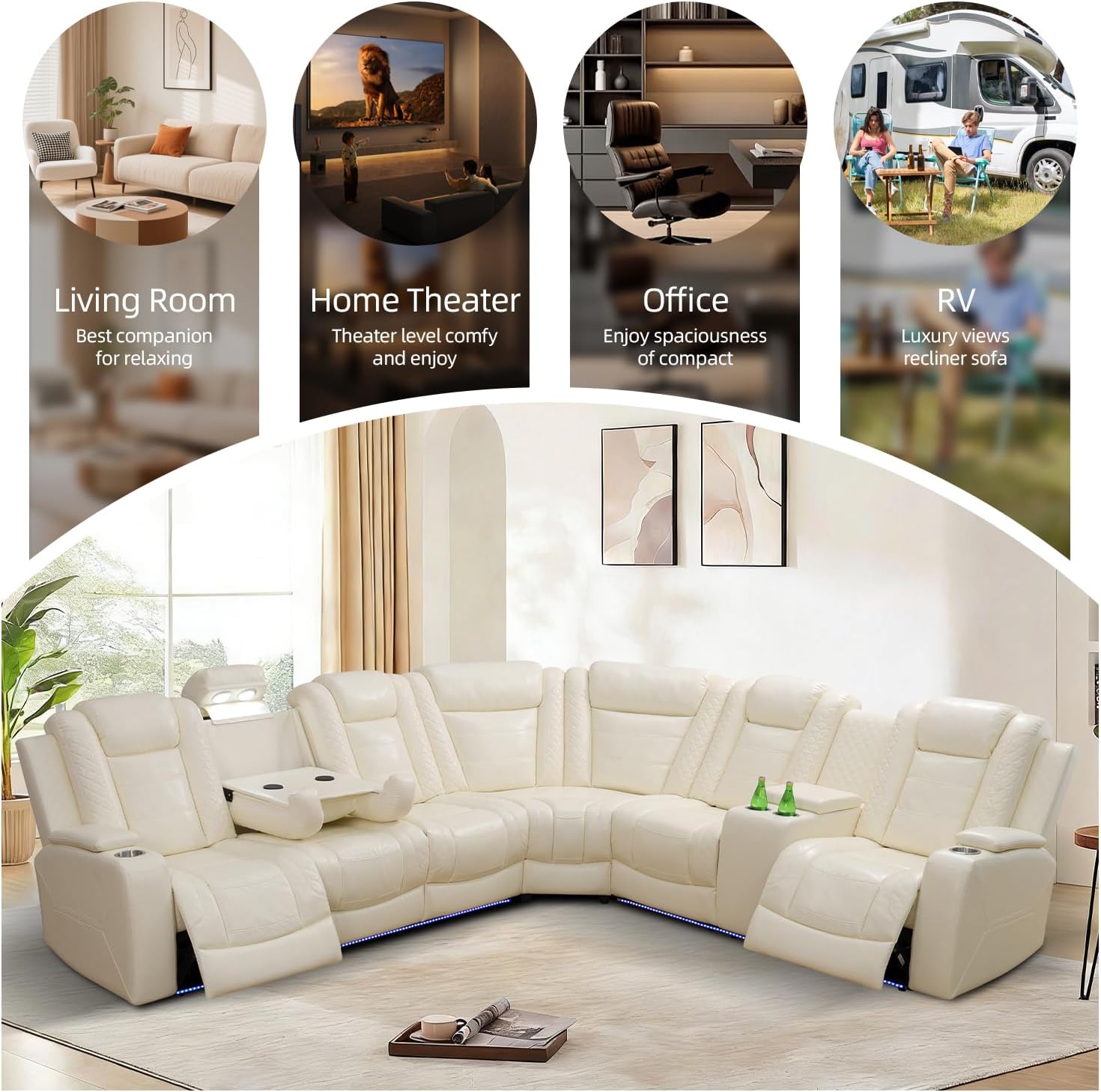 Leather Power Recliner Sectional Couch for Living Room Furniture Sets,L Shaped Sofa Set with Recliner/LED Lights/Storage Console/Drop Down Table/Cup Holders(Luxury Cream,Sectional+Chair)