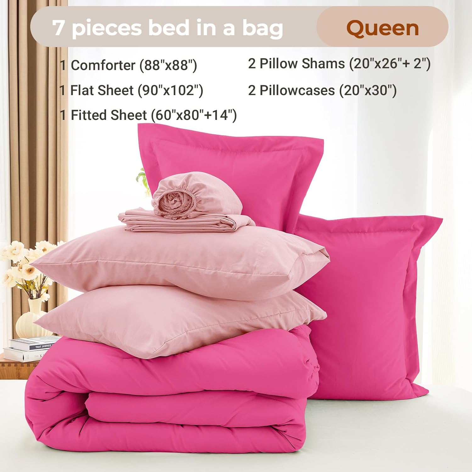 MUXHOMO 7 Pieces Queen Comforter Set, Soft Bed in a Bag Queen Size, All Season Bedding Set with Comforter, Flat Sheet, Fitted Sheet, Pillowcases & Shams, Hot Pink & Baby Pink - Image 4