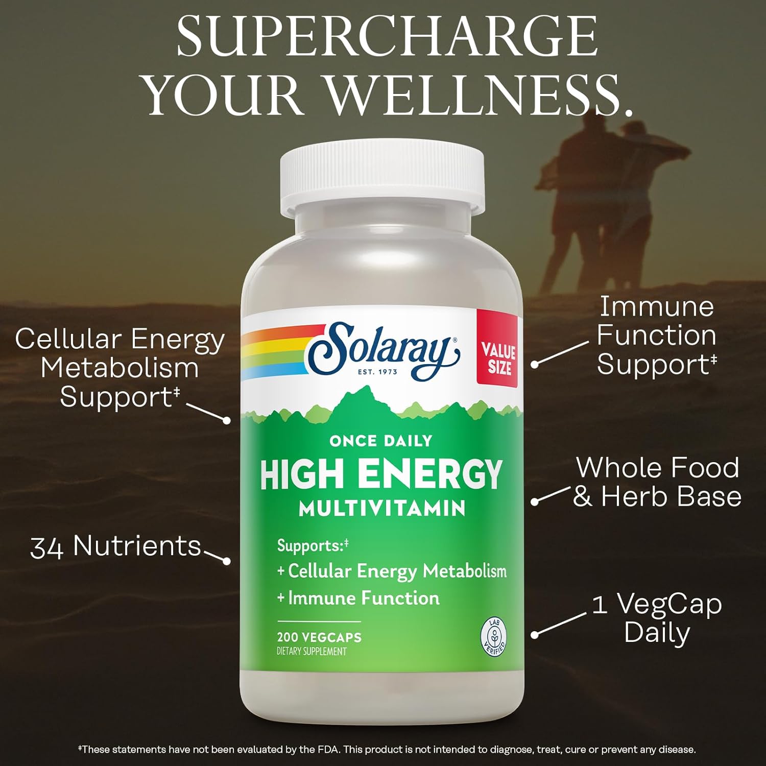 SOLARAY Once Daily High Energy Multivitamin for Women and Men – with Vitamin C, Vitamin D and Whole Food & Herb Base - Cellular Energy Metabolism & Immune Function Support – 200 Servings, 200 VegCap