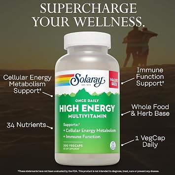 SOLARAY Once Daily High Energy Multivitamin for Women and Men, 200 VegCaps | Cellular Energy & Immune Support - 34 Vitamins, Minerals, Whole Foods & Herb Base - 200 Servings - Lab Verified