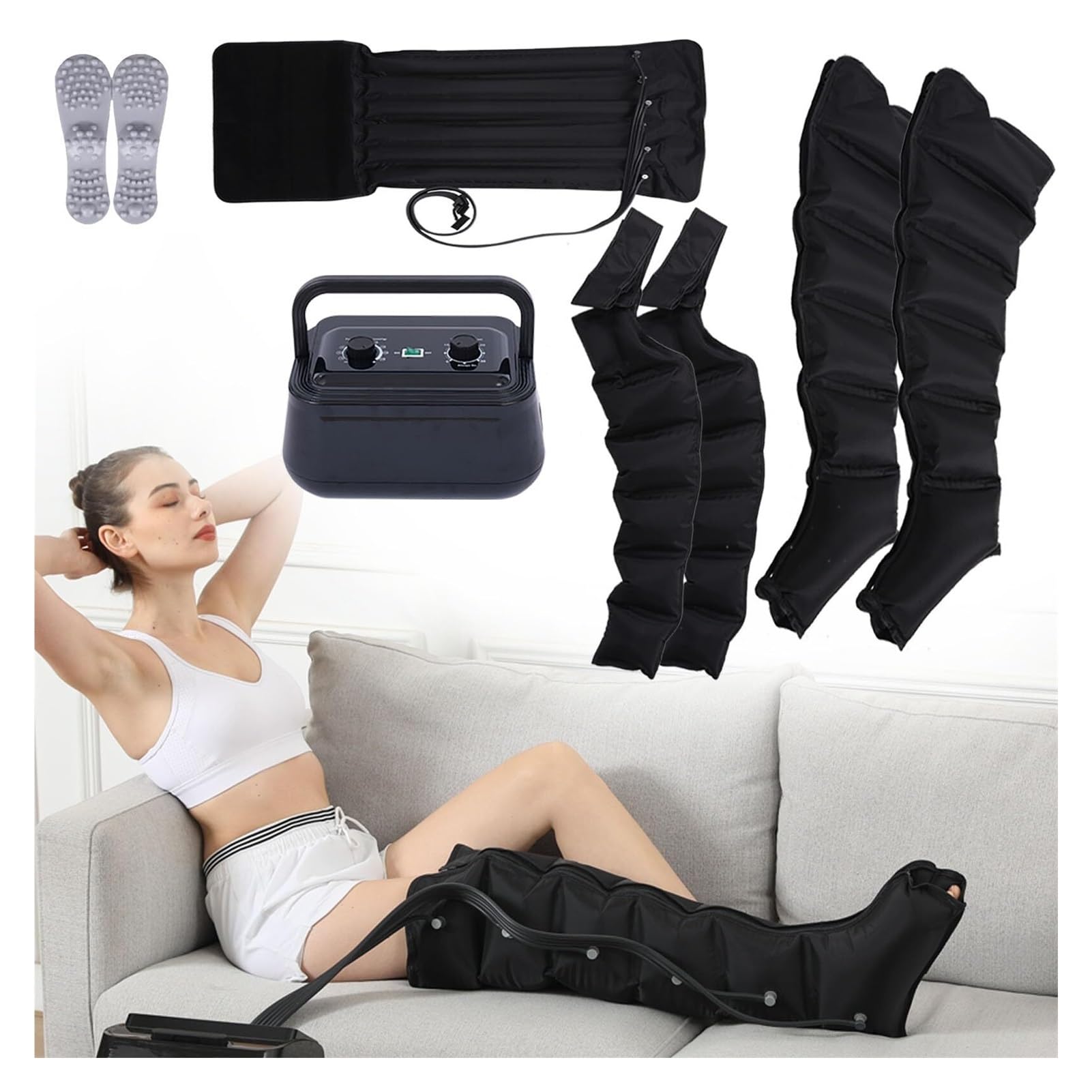 Massaggiatore per Gambe a Compressione 6 Celle - Drenaggio Linfatico e Circolazione Sanguigna - Pressione Regolabile - Sistema di Recupero Muscolare - Apparecchio di Terapia Portatile - Leggero