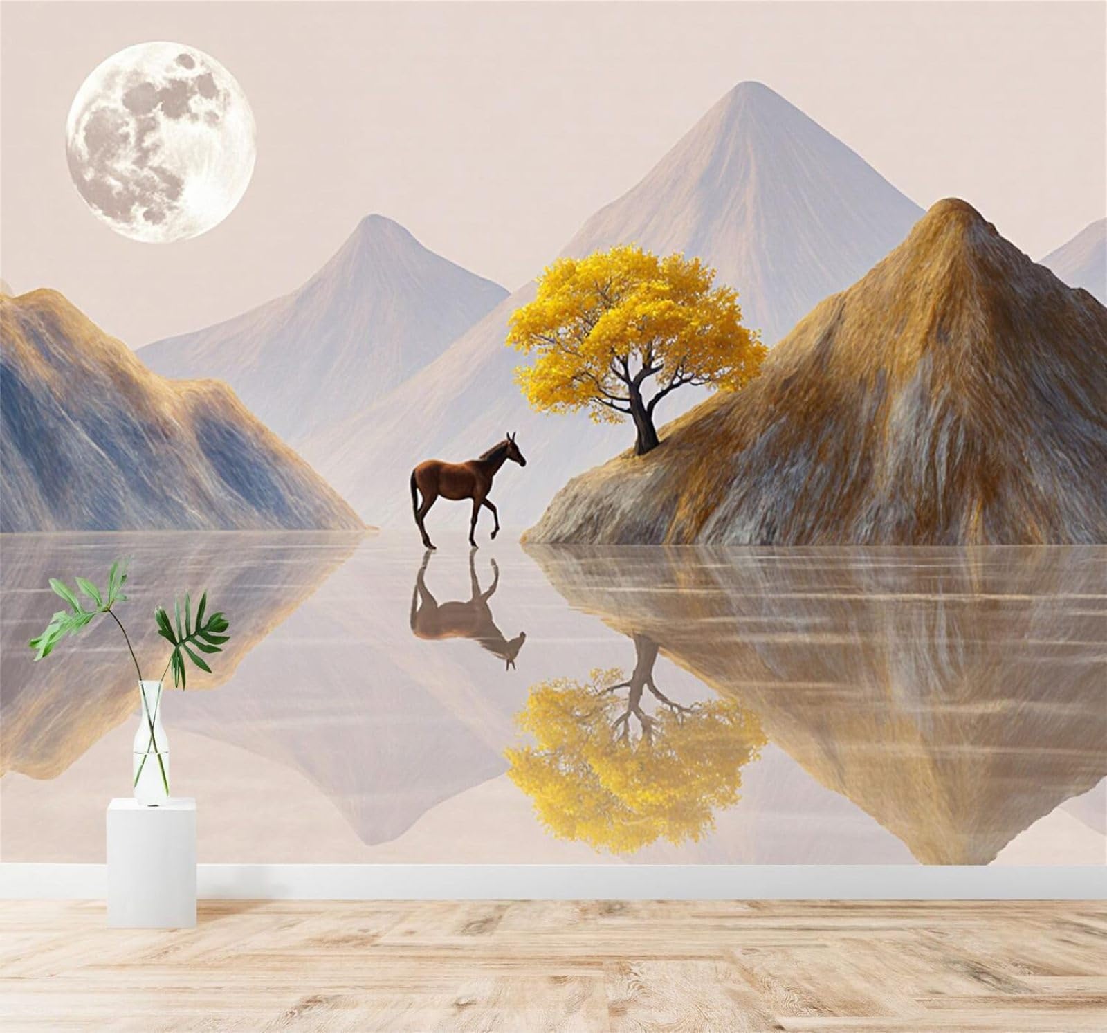 Tzxztt Golden Trees Horses Mountain Peaks Reflections Full Moon Modern 3D Wallpaper Premium Textured Silk Neutral Tones Material Ideal for Living Room Bedroom-200cm×140cm