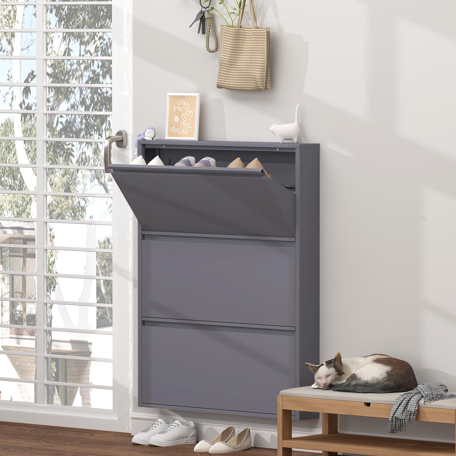 GREATMEET Shoe Storage Cabinet with 3 Flip Drawers, Wall Mount Metal Shoe Organizer for Entryway, Narrow Shoe Cabinet for Entryway Slim, Shoe Cabinet Storage (Grey, 3 Flip Drawers)