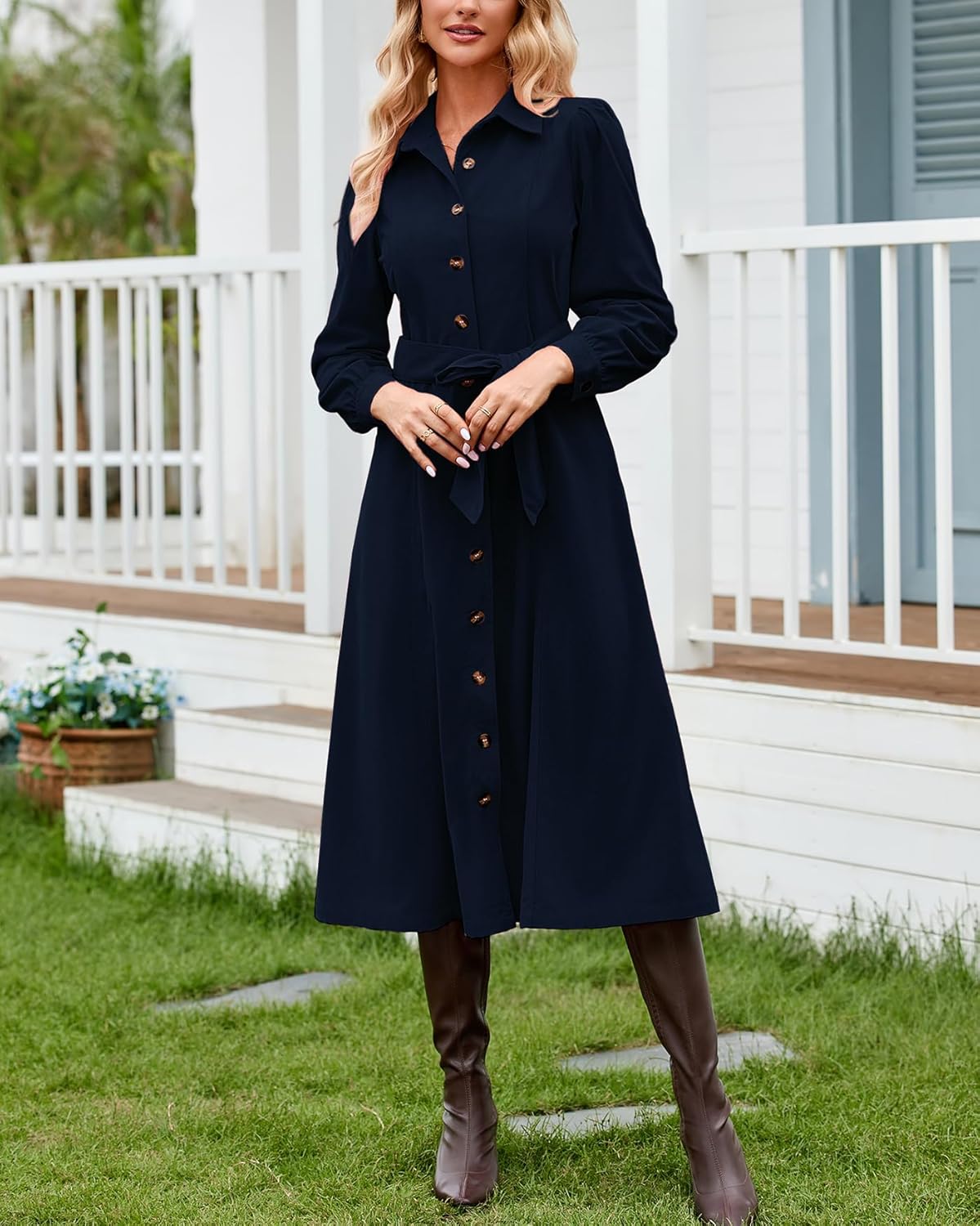 Women's Corduroy Maxi Dress Long Sleeve Cord Button Down Fall Shirt Long Dress with Belt - Image 3