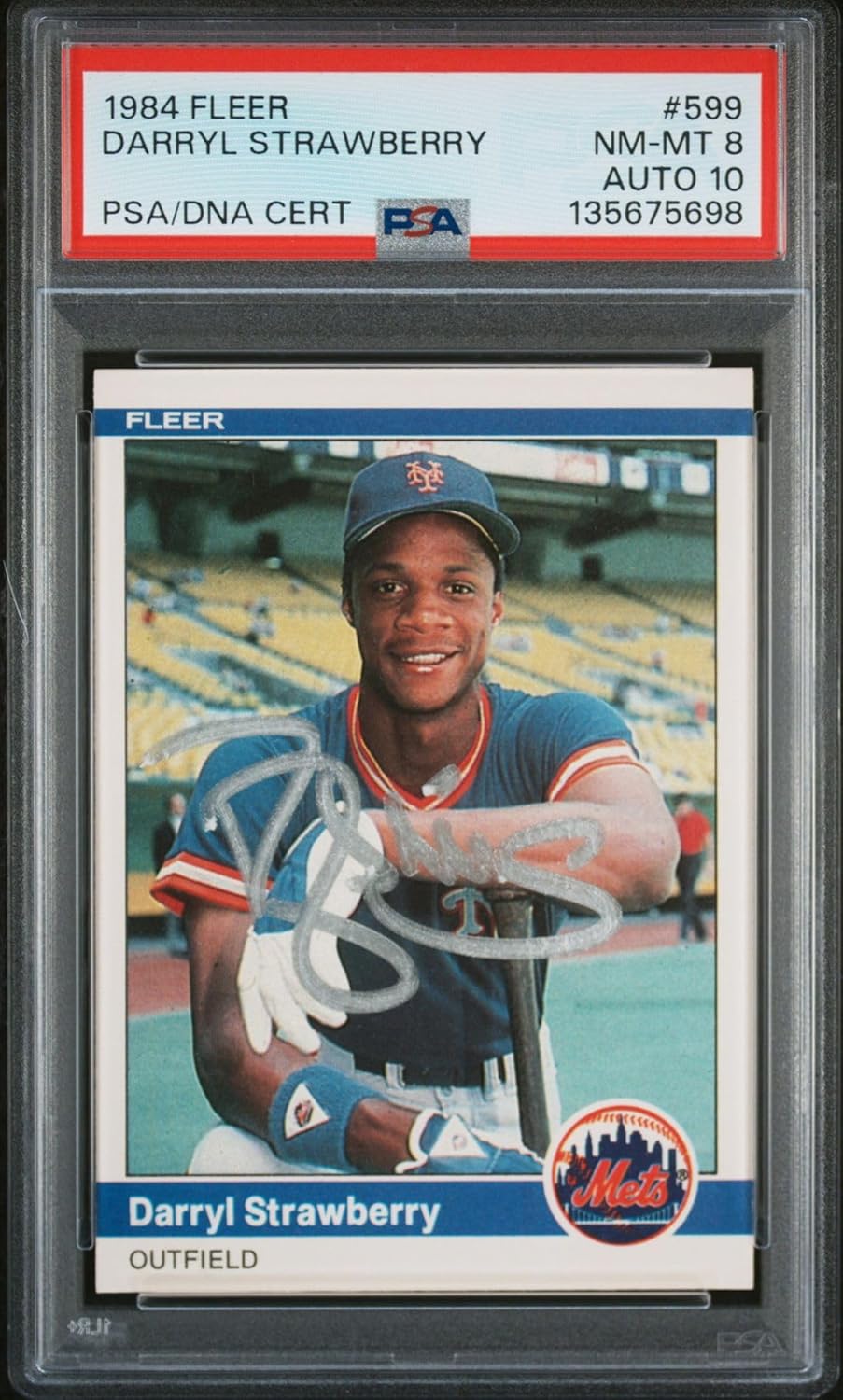 Darryl Strawberry 1984 Fleer Signed Baseball Rookie Card #599 Graded PSA 8 Auto 10 Cert #135675698
