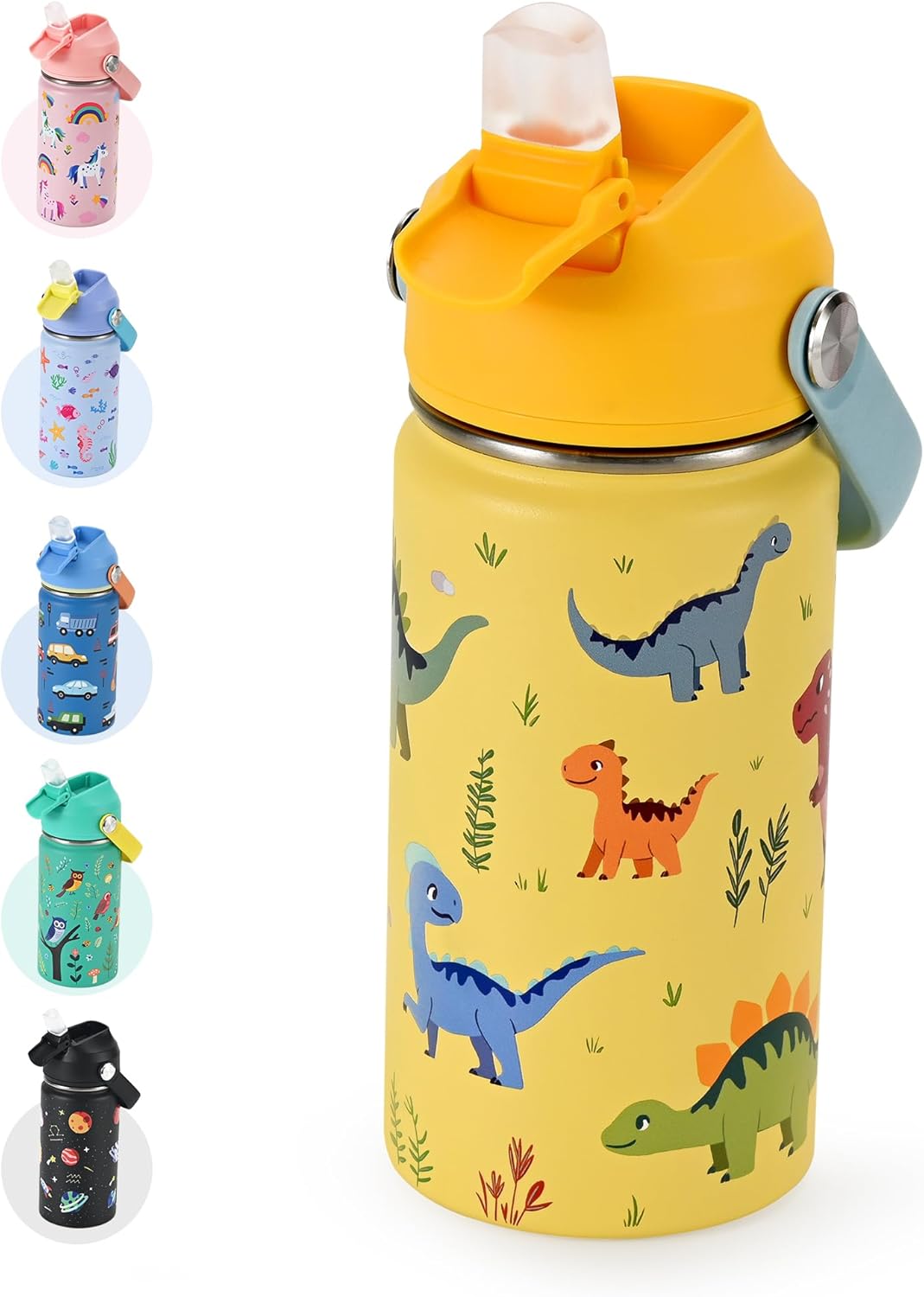 Kids Water Bottle 14oz with Silicone Straw Lid – Insulated Toddler Water Bottle Stainless Steel Keeps Cold 24H, Leak Proof & Dinosaur Prints Design | Custom Name Tag for School, Daycare, Travel