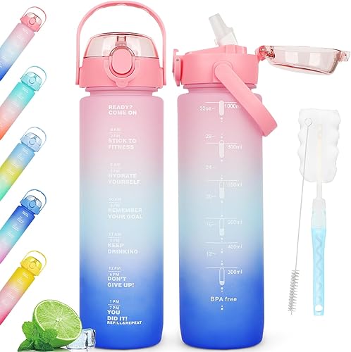 Miniatura 1 de Botellas de agua de 32 onzas sin BPA, botella de agua deportiva con popote, apta para lavavajillas, botella de agua motivacional a prueba de fugas