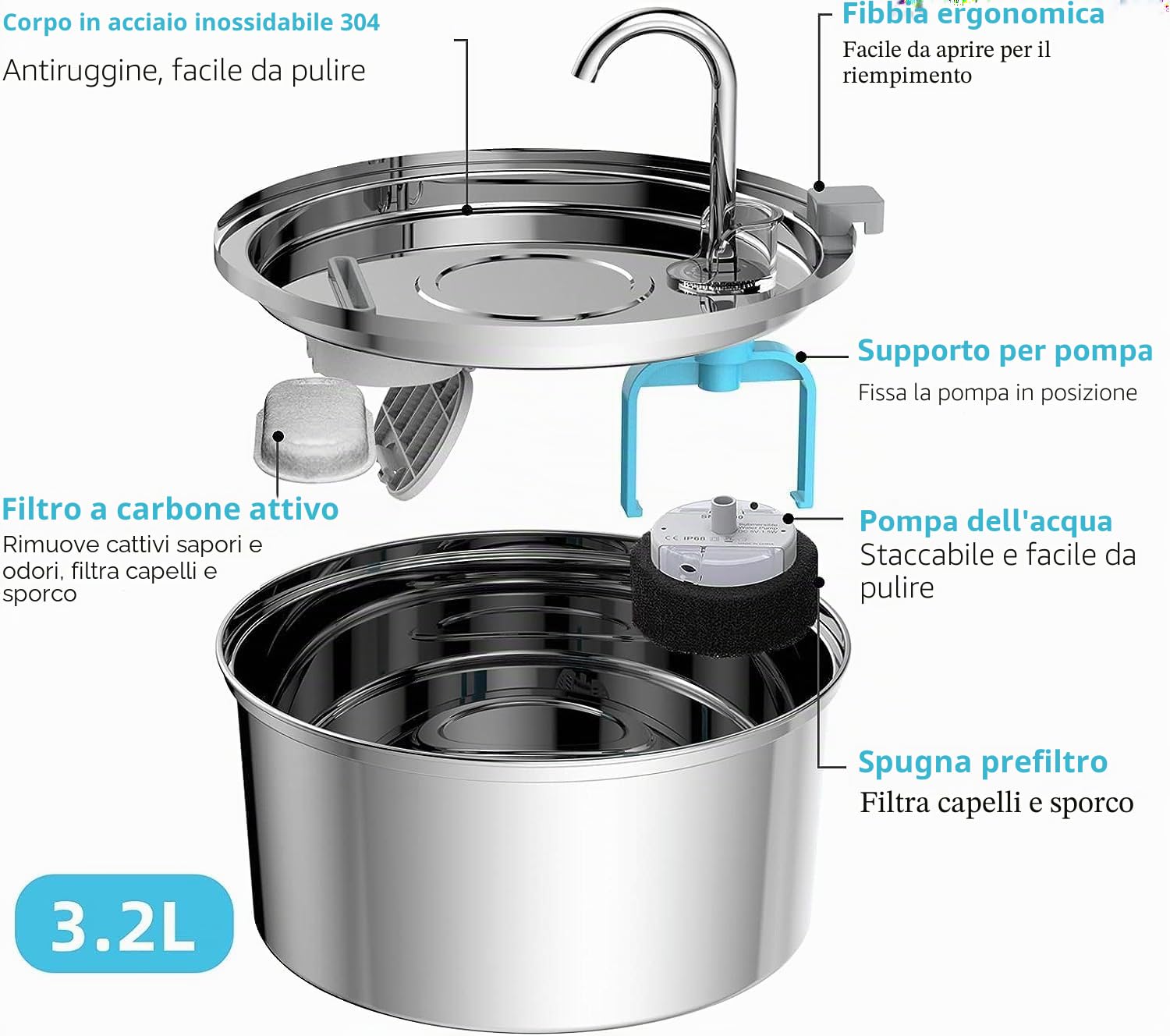 TOMXCUTE Fontanella per Gatti 3,2L in Acciaio Inox