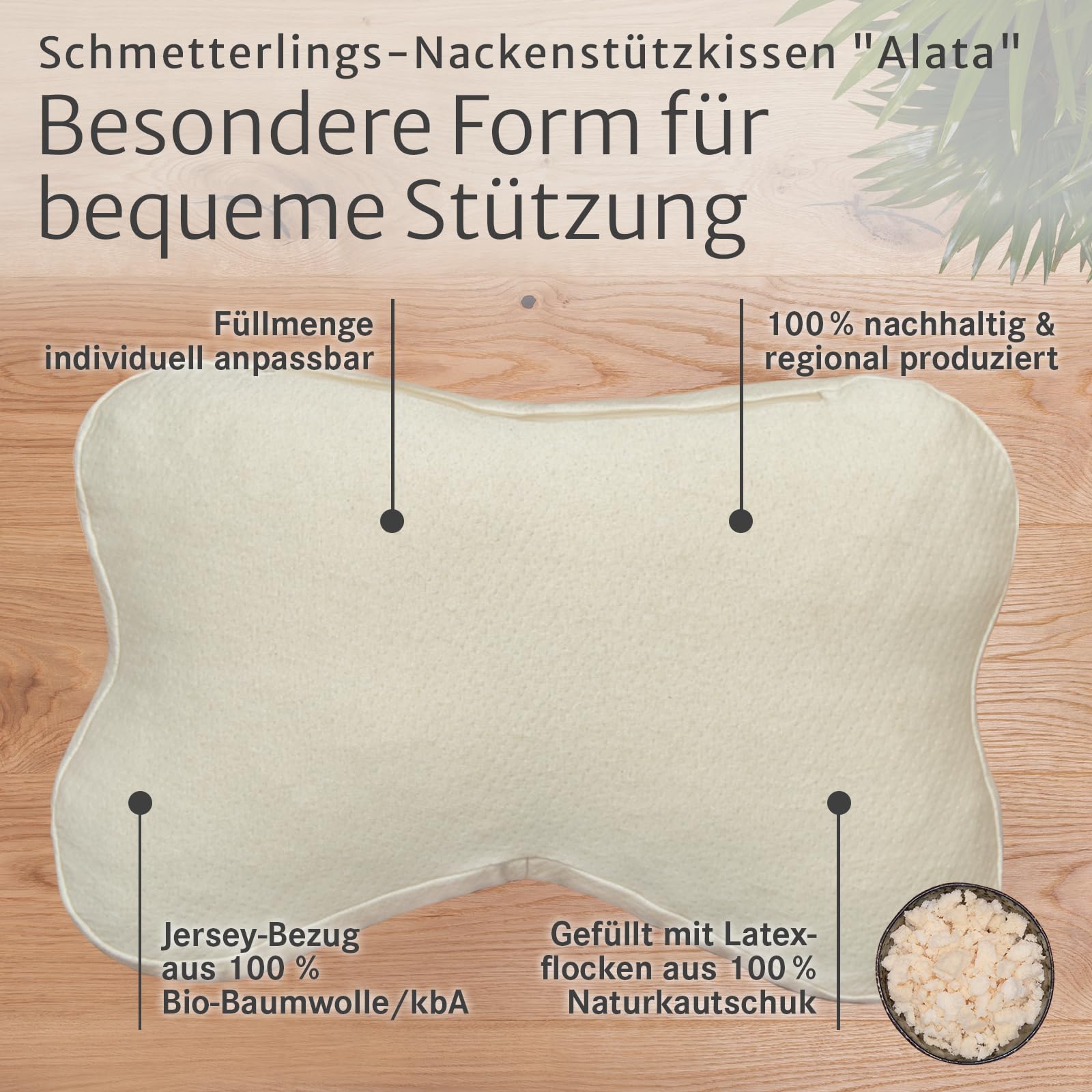 allnatura Schmetterlingskissen-Nackenstützkissen Alata – ergonomisches Butterfly Kissen mit Naturlatex-Flocken – individuell anpassbar & atmungsaktiv – mit waschbarem Bio-Bezug – Made in Germany