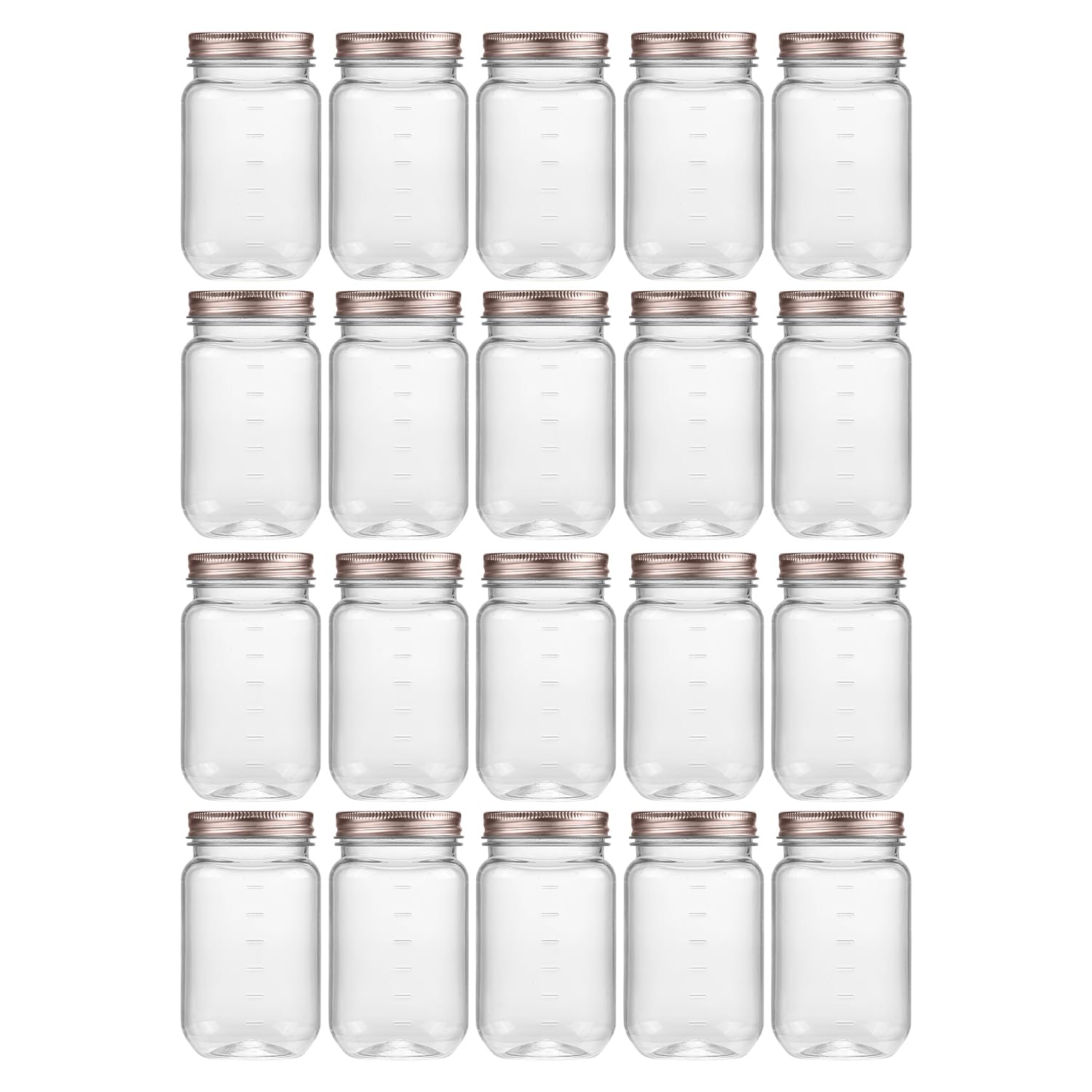 novelinks16 Ounce Clear Plastic Jars with Rose Gold Lids - Refillable Round Containers for Kitchen & Household Storage - BPA Free (20 Pack)