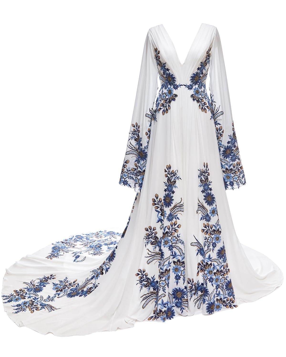 Boho Long Sleeve Wedding Dresses for Bride Blue Floral Embroidered Chiffon V Neck Maxi Bridal Gowns with Train