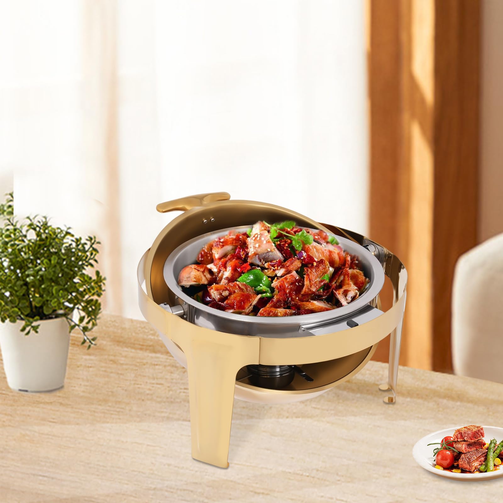 Juego de calentador redondo para buffet con tapa, sartén de vidrio para alimentos, bandeja de agua y soportes de combustible para eventos de catering