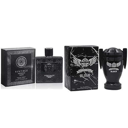 Set de fragancias para hombre  Invincible Black & Vintage Heroes Noir Eau de Parfum  2 aerosoles de 3.4 oz (3.4 fl oz)  Larga duración  Caja de