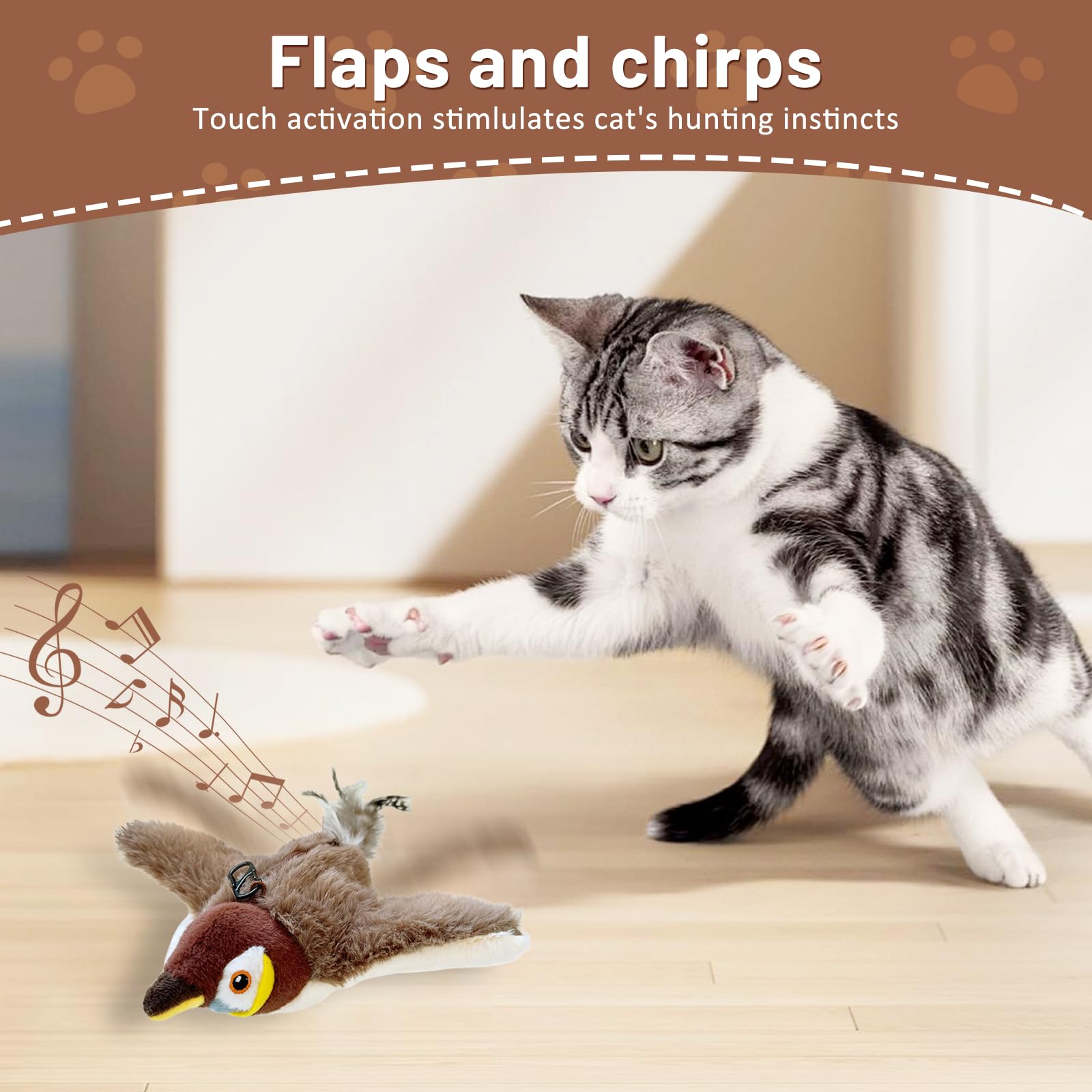 Esoes Cat Toys Flapping Wings Sparrow Interactive Catnip Toys for Cats Chirping Bird Toy Perfect Bird Toy for Cats kittens to Bite Chew and Kick Includes 10 Sachets of Catnip and 1 Replacement Core - Image 3