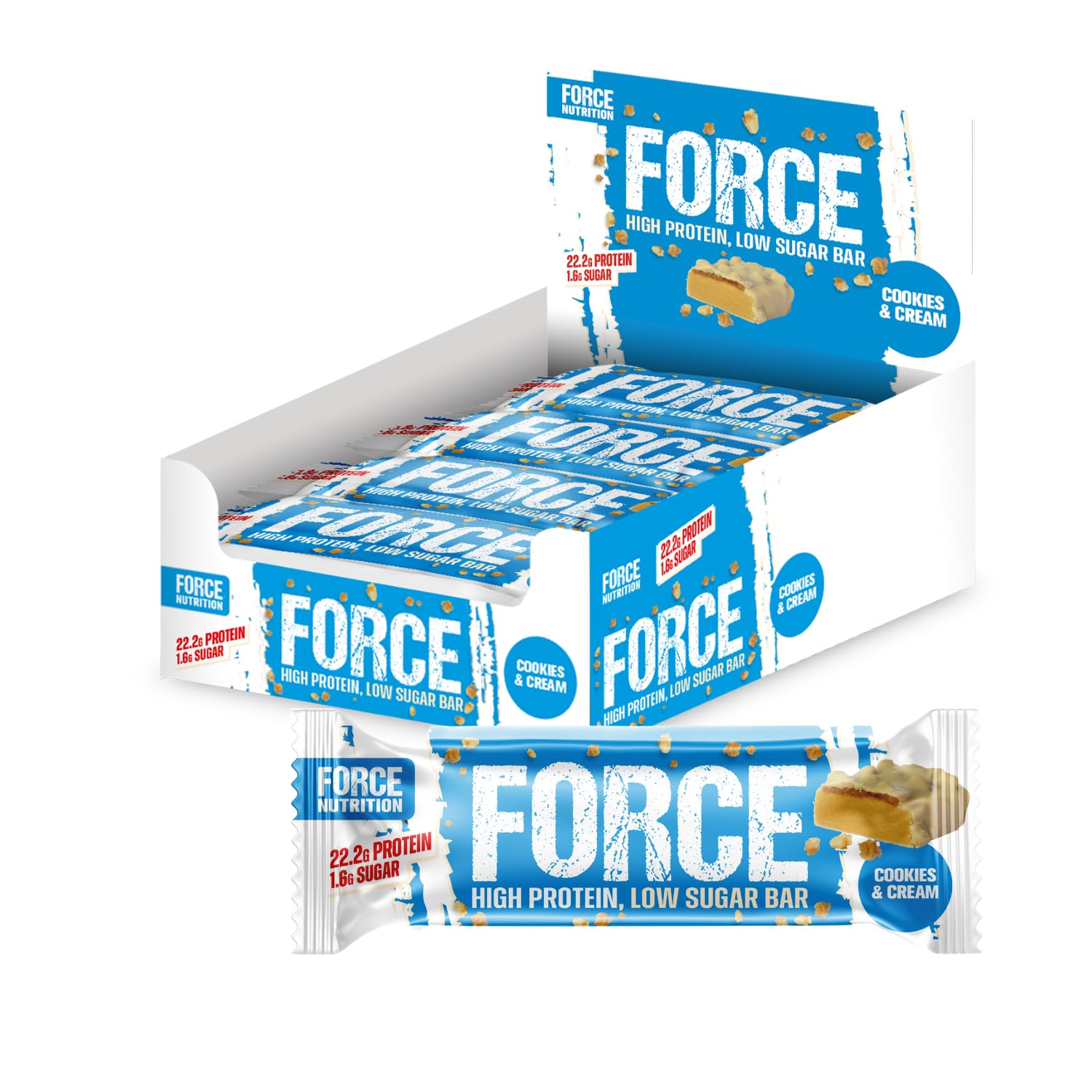 FORCEProtein Cookies & Cream Bar - High Protein, Low Sugar, 12X65G - 22.2g of Protein