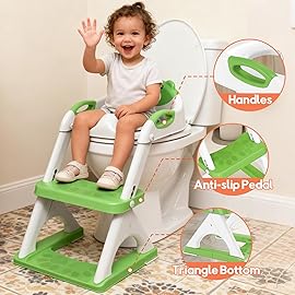 SKYROKU Potty Training Seat for Toddlers - 2-in-1 Adjustable potty ladder with Step Stool, Anti-Slip Cushion, Splash Guard & Extra-Wide Pedals, Supports 200+ lbs, Ideal for Boys & Girls (8899-Green)