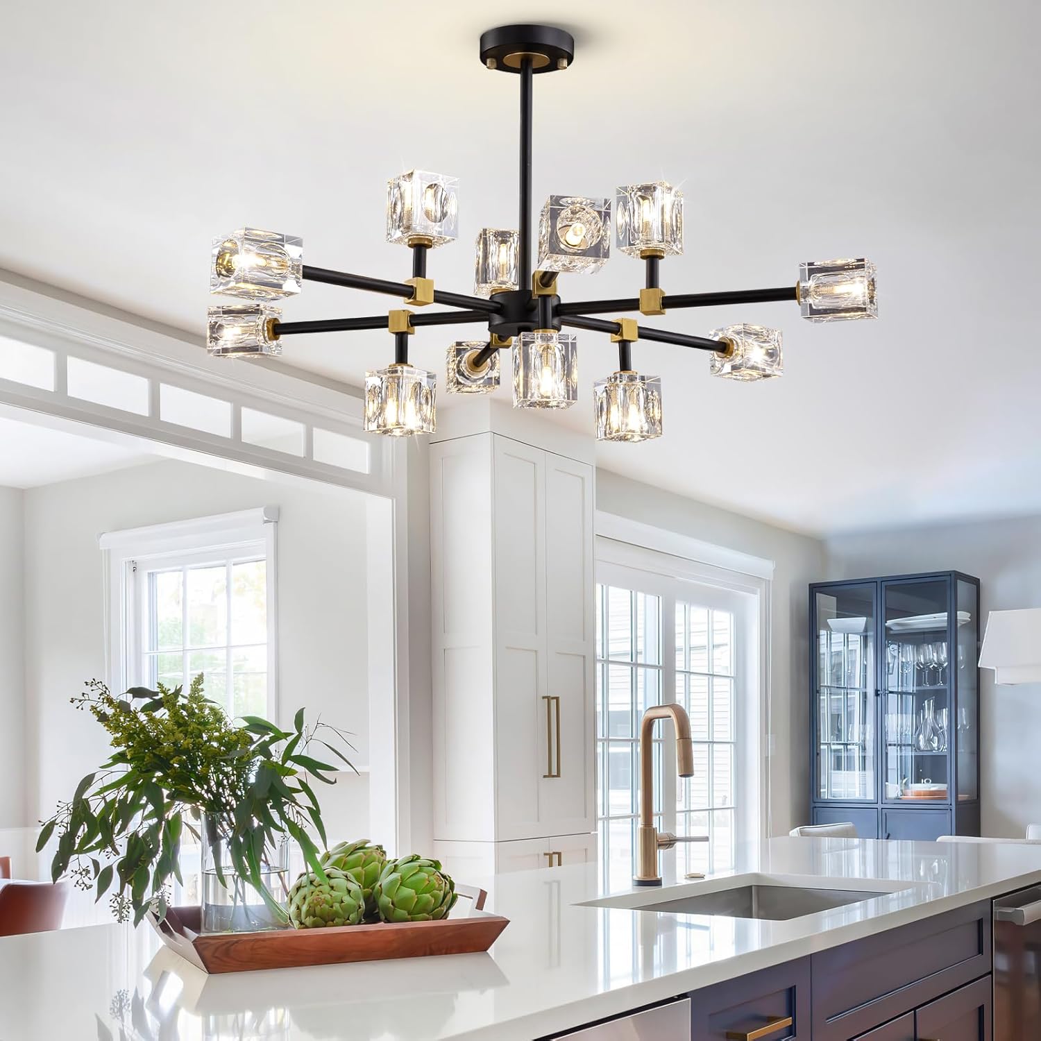 Modern Crystal Chandelier with 12 Lights, Black and Gold Sputnik Chandeliers for Dining Room Modern Sputnik Chandelier Pendant Light fixtures for Living Room,Entryway,Kitchen Island, Bedroom
