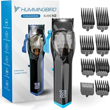 HUMMINGBIRD MK10 Pro Series Cordless Hair Clippers 9,000 RPM Brushless Motor, DLC Blade, USB-C Rechargeable, Super Torque, Professional Barber Clippers, Haircut Kit, Includes Barber Cape & Comb