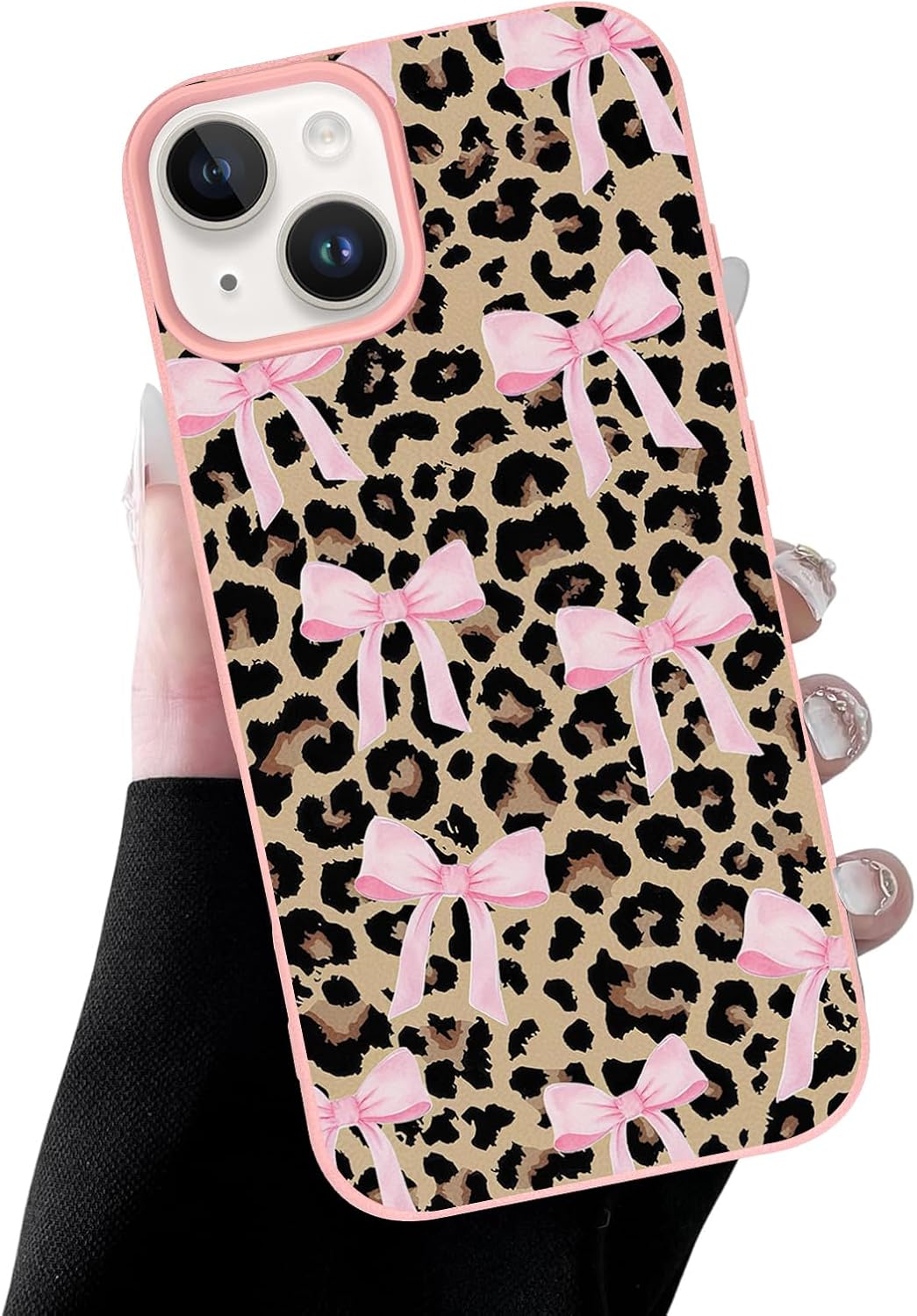 Leopard Print Pink Bow Phone Case for iPhone 15 Case Girly Pattern Design, Soft TPU Protect Shockproof Leather Phone Cover Funda for iPhone 15 6.1 Inch