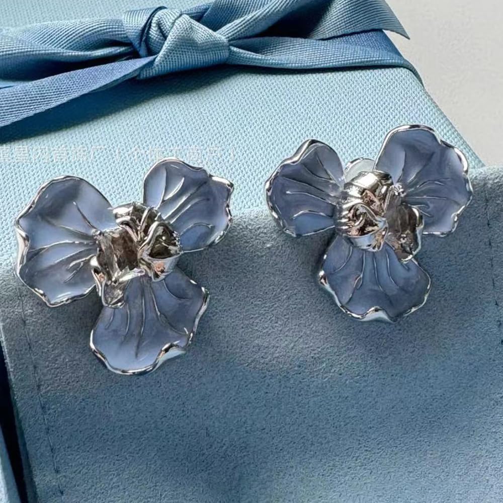 Blue Flower Statement Stud Earrings for Women Bohemia Delicate Enamel Lotus Floral Dangle Earrings Minimalist Bloom Drop Earrings Charm Jewelry - Image 7