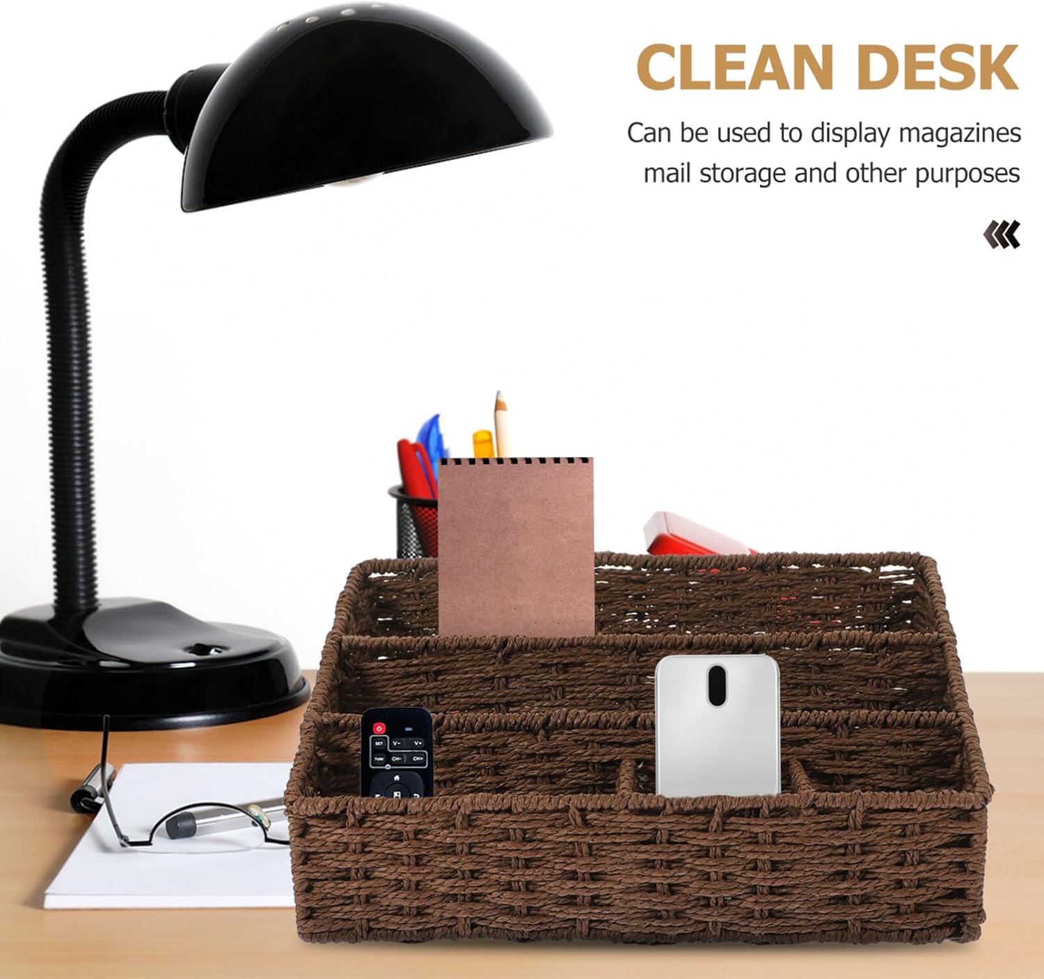 Cabilock Rectangle Wicker Storage Basket, Desktop Woven Storage Basket, Divided with 5 Compartments, Small for Organizing, Sundries Organizer for Home Office (Coffee)