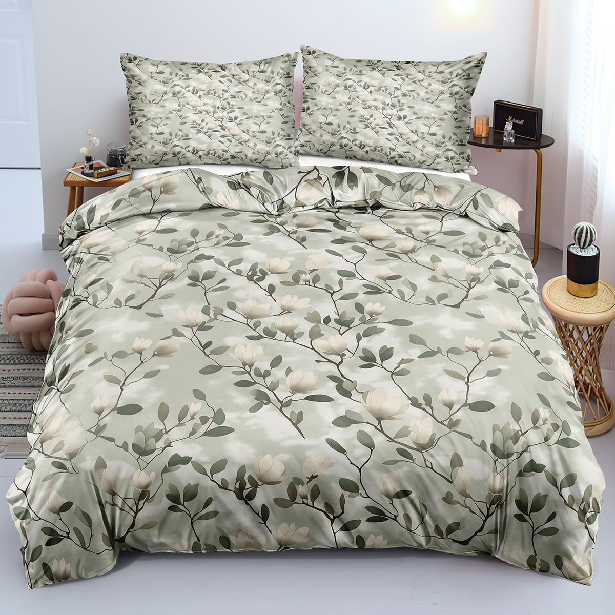 Housse de couette 240x220 à fleurs botaniques parure lit réversible vert