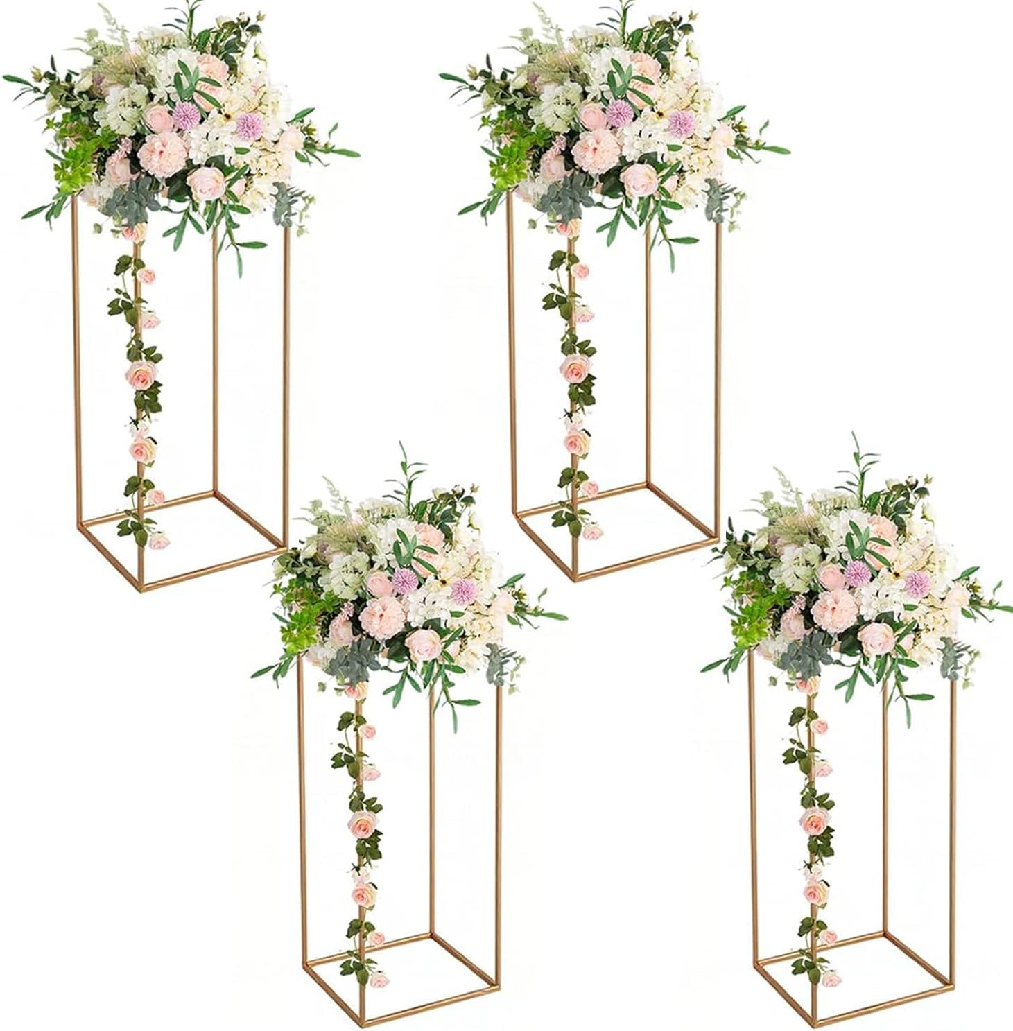 4PCS 31.5in Wedding Flower Stand, Gold Vases for Centerpieces Wedding with Acrylic Laminate, Gold Rectangular Floral Display Rack for Events Reception Party Tables Decoration