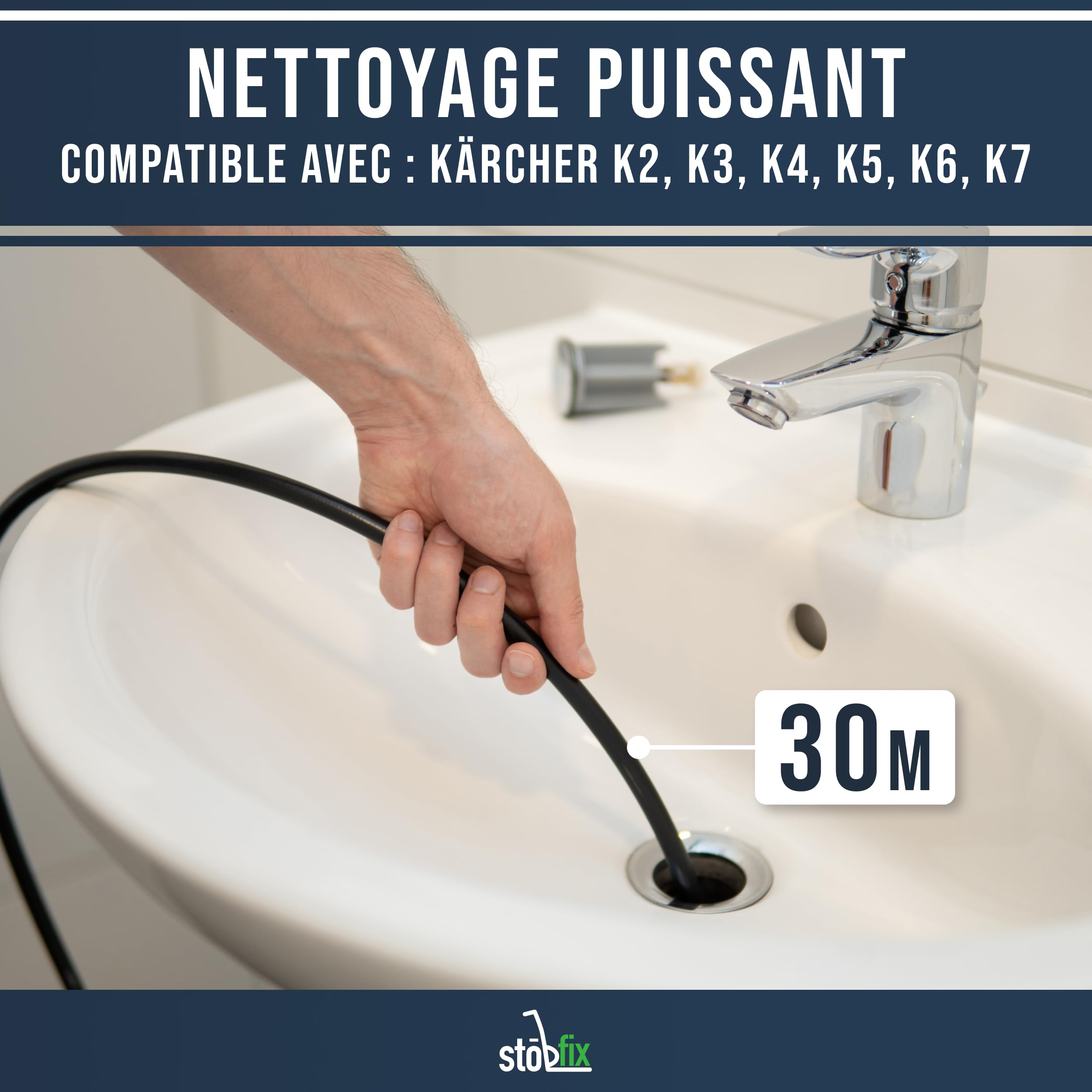 Set de tuyau de nettoyage de 30 m pour nettoyeur haute pression Kärcher K2, K3, K4, K5, K6, K7 comprenant 2 buses et adaptateur, déboucheur, tuyau, nettoyeur à pression, 180 bar