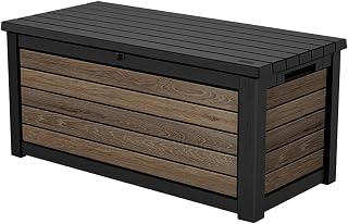 Signature Collection 165 Gallon Resin Deck Box Organization and Storage Box for Patio Outdoor Cushions, Throw Pillows, Garden Tools and Pool Supplies, Walnut